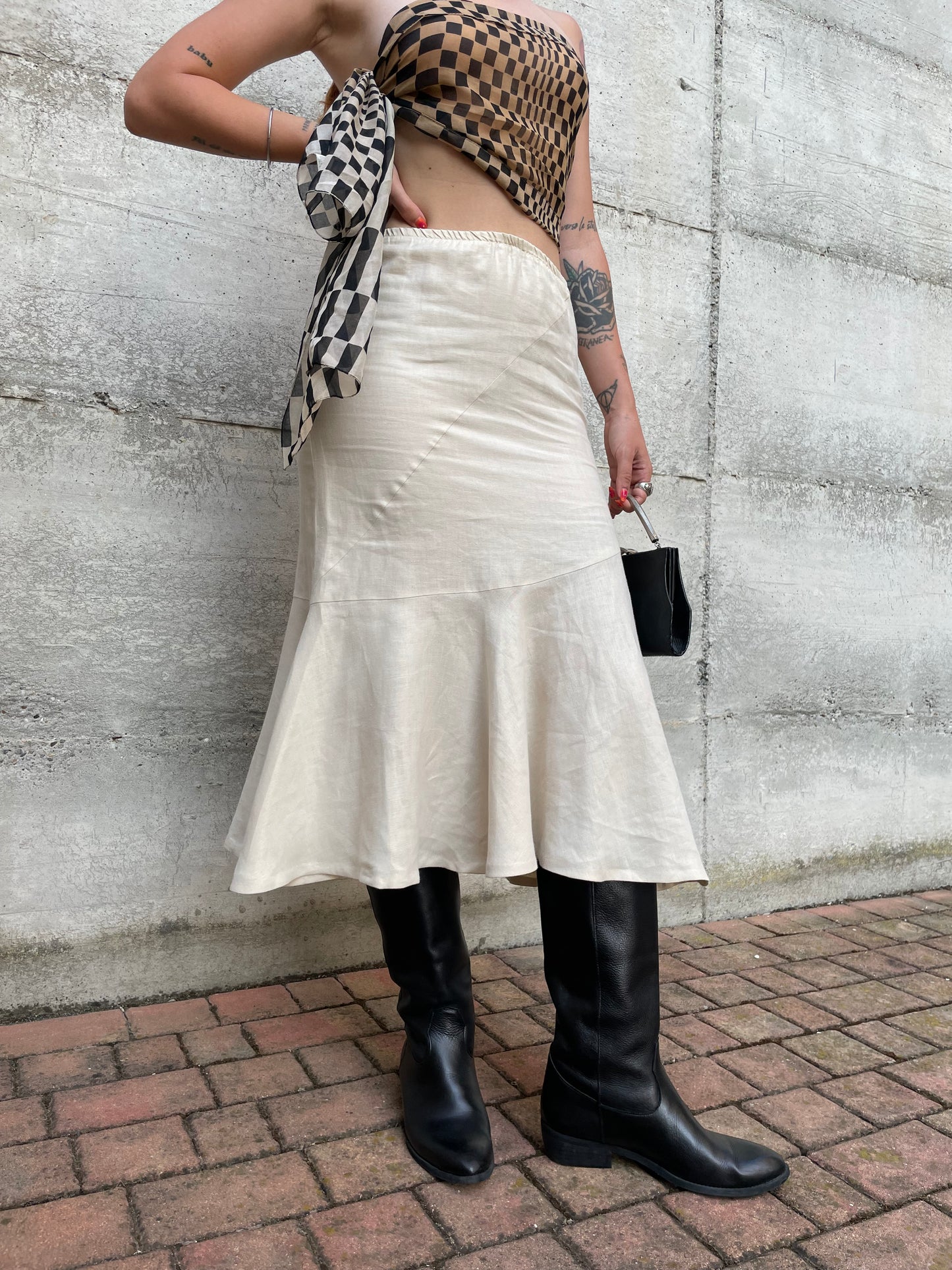 Gonna Y2K midi burro 100% lino, sartoriale Made in Italy, taglia 40it