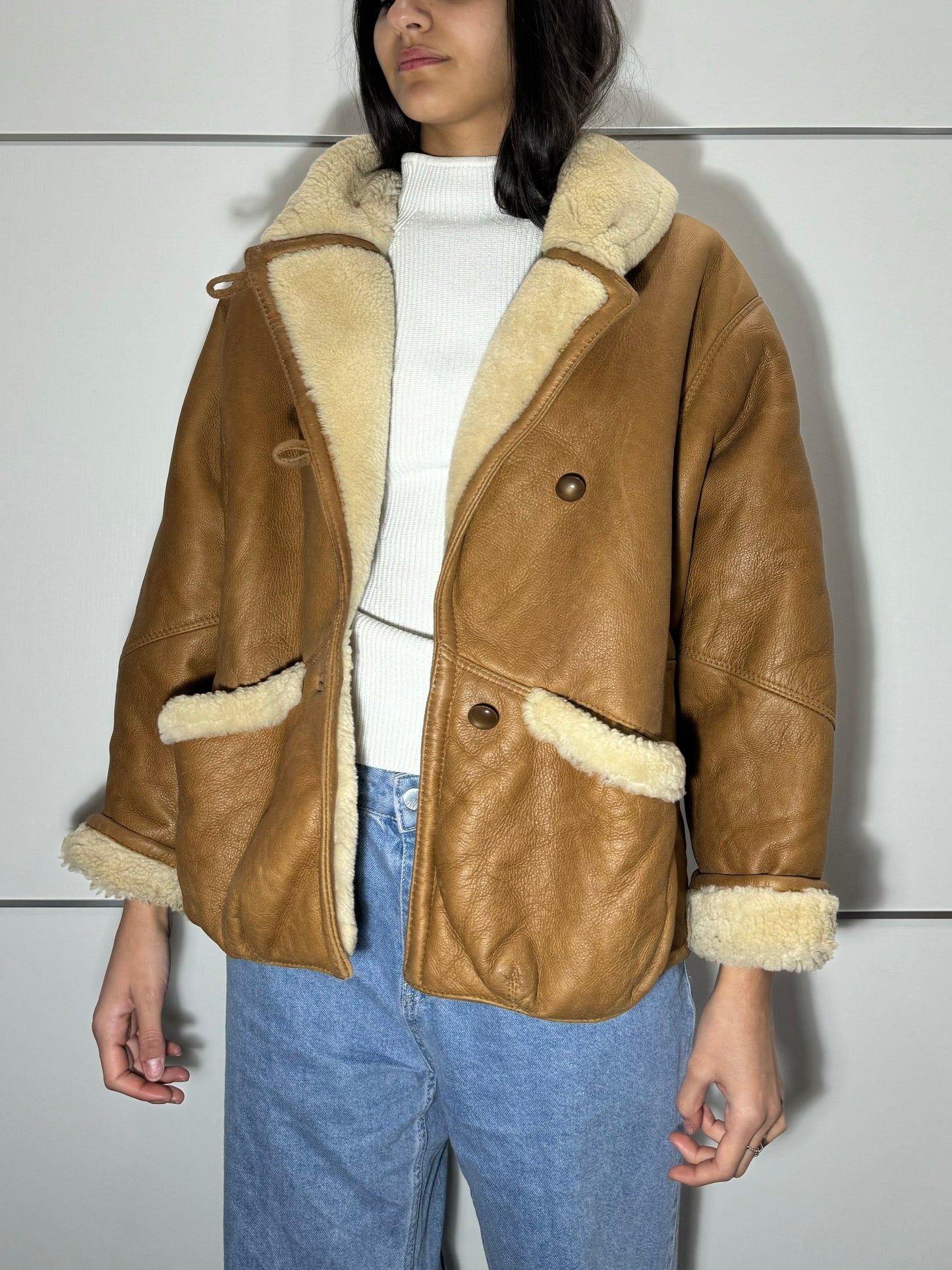 Montone aviator originale Shearling in pelle caramello, rara taglia piccola da donna