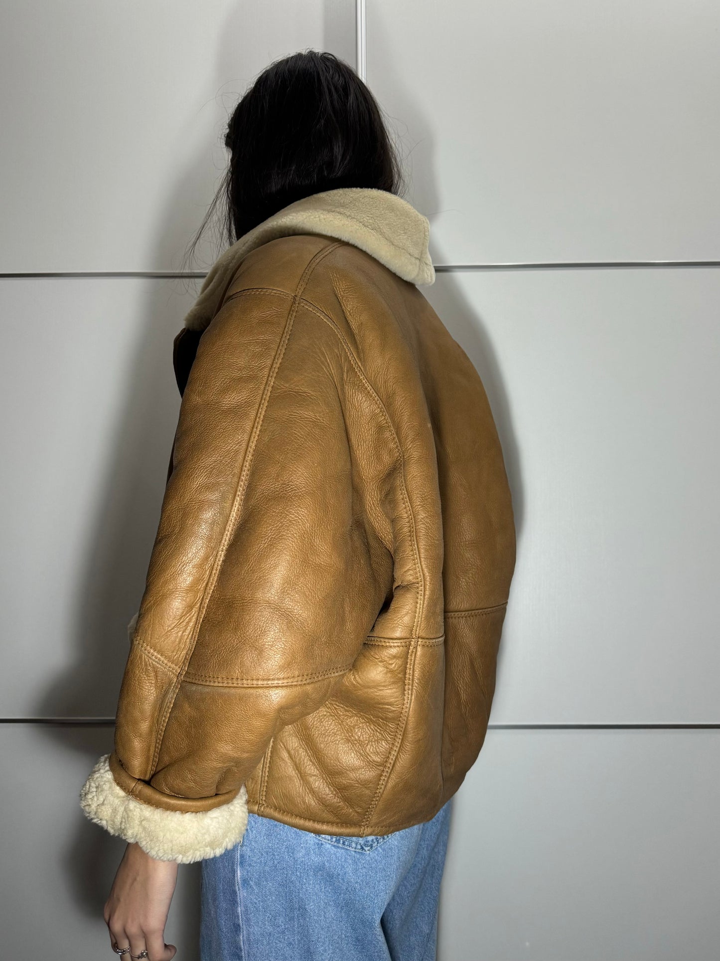 Montone aviator originale Shearling in pelle caramello, rara taglia piccola da donna