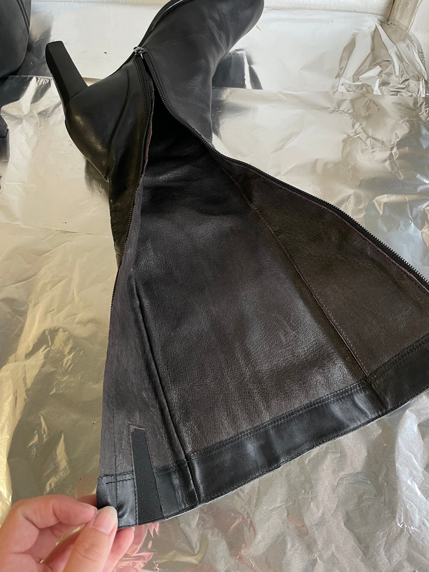 EU 37 - Stivale vintage vera pelle nero, punta quadrata e tacco grosso 7cm