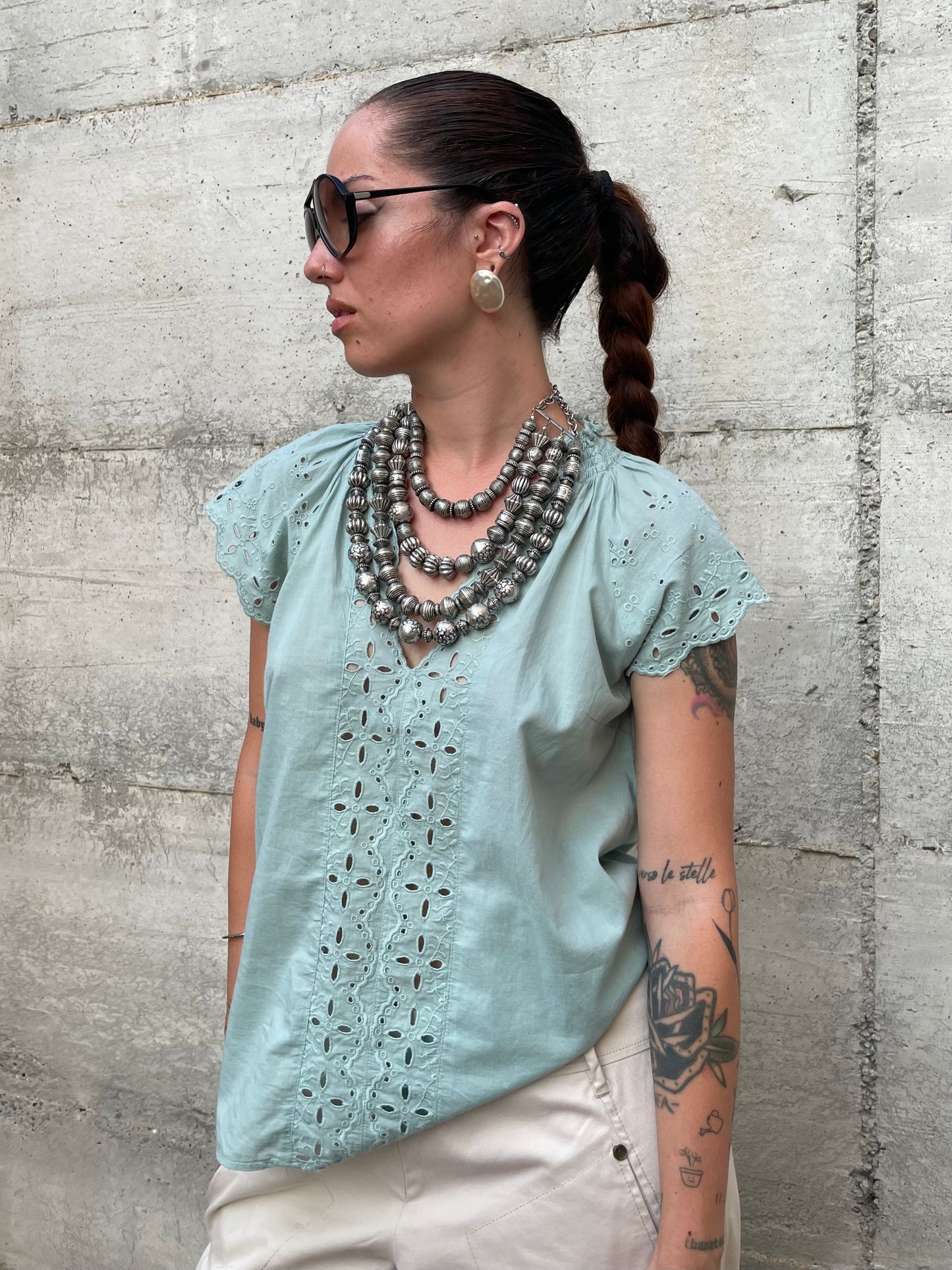 Top sangallo turchese, 100% cotone, taglia S