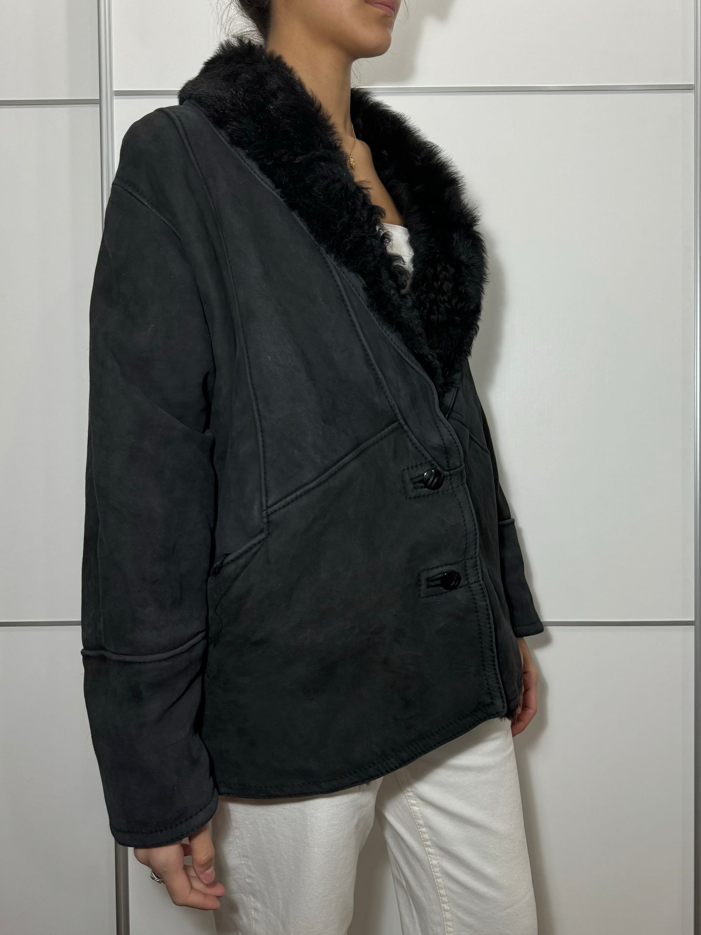 Montone originale Shearling scamosciato nero, taglia 44it donna