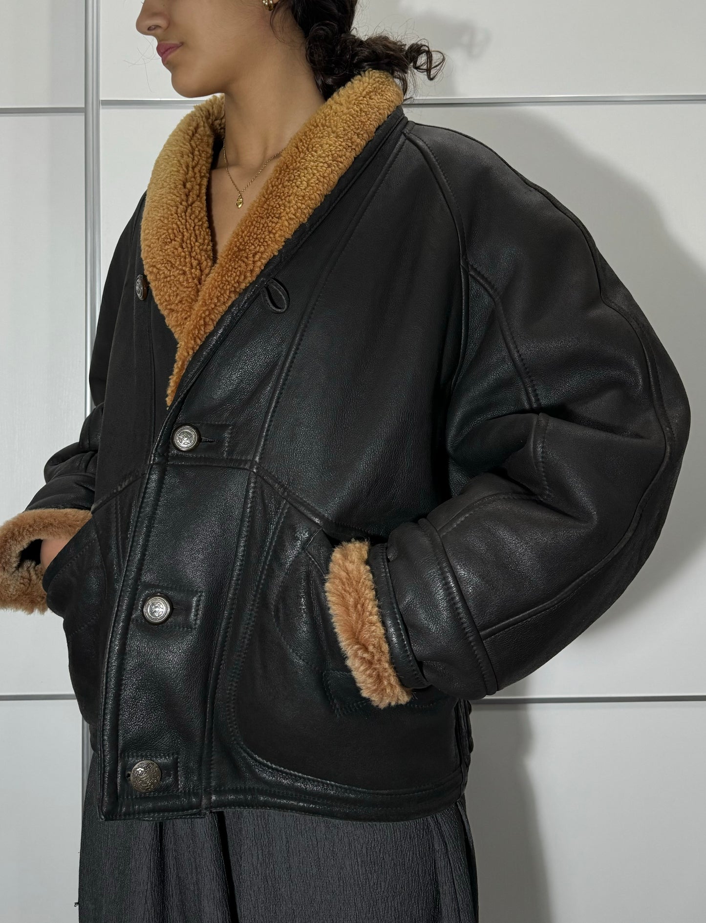 Bomber in montone Shearling testa di moro, taglia 48it uomo