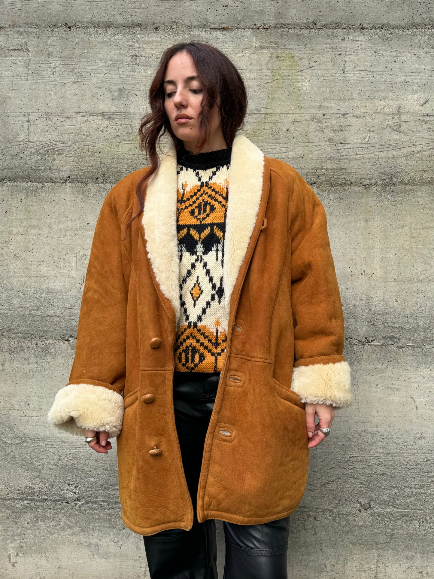 Montone originale Shearling caramello scamosciato, taglia 50it uomo