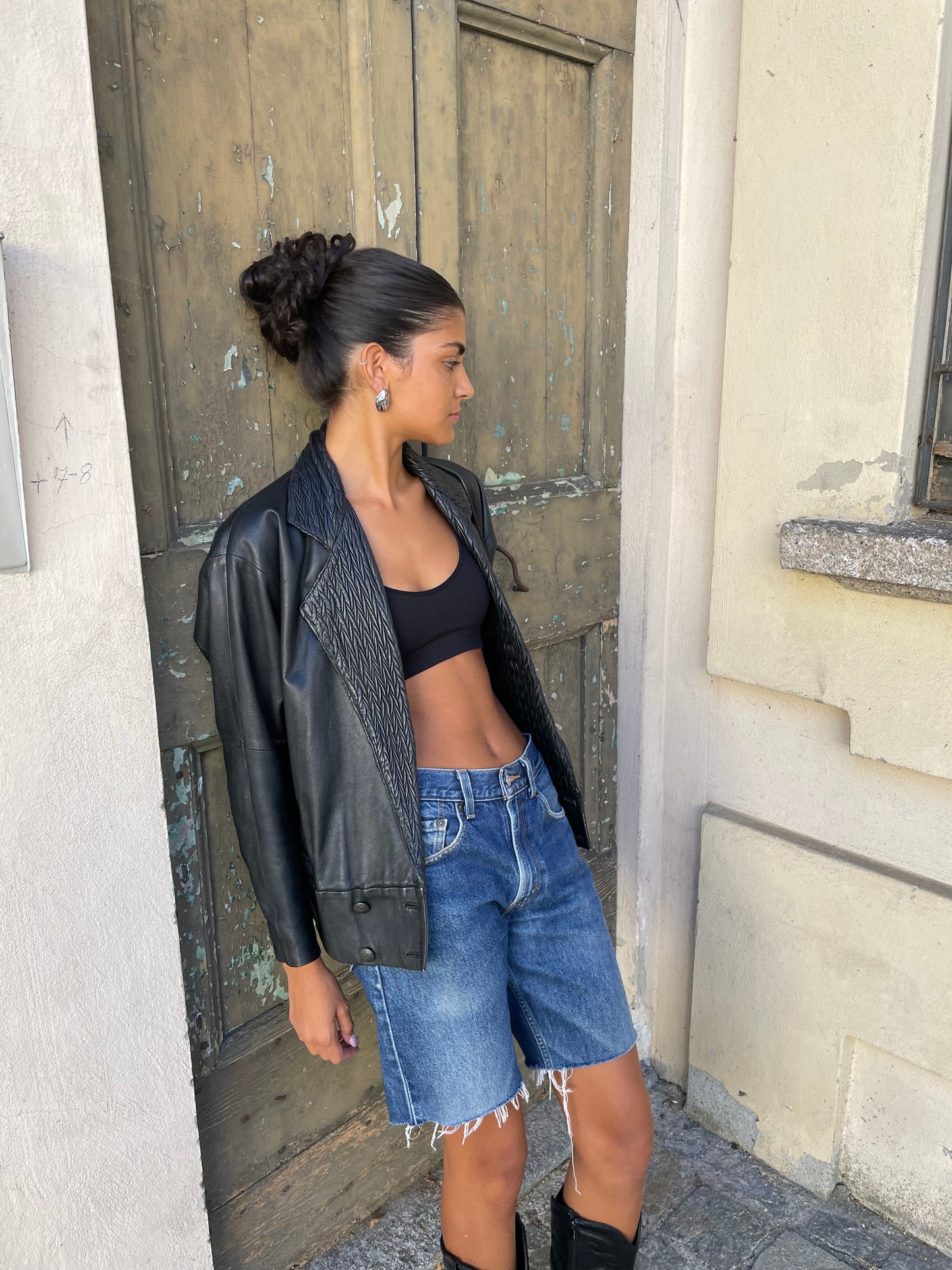 Giacca in nappa nera lavorata, vera pelle, taglia M donna