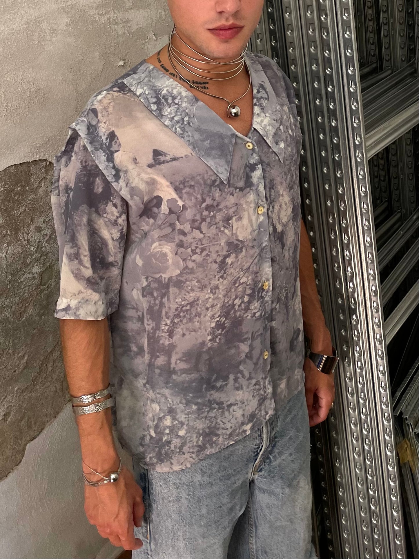 Camicetta in crepe di seta Made in USA, con stampa dipinto, taglia M donna