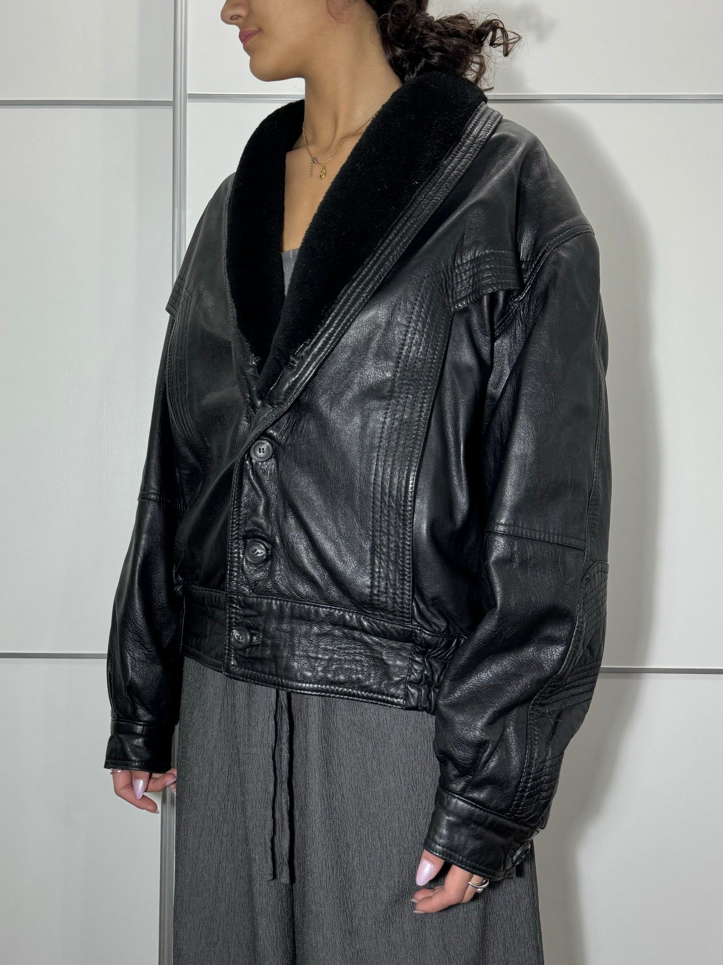 Bomber in vera pelle trapuntato con rever in montone, taglia 48it uomo