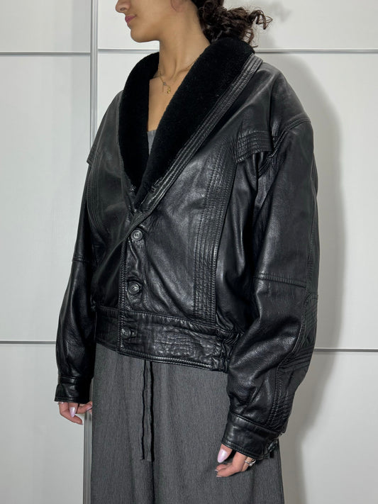 Bomber in vera pelle trapuntato con rever in montone, taglia 48it uomo