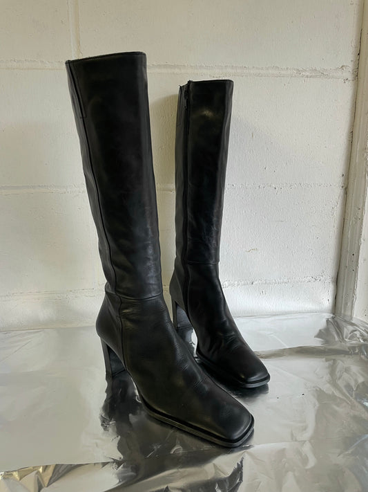 EU 37 - Stivale vintage vera pelle nero, punta quadrata e tacco grosso 7cm