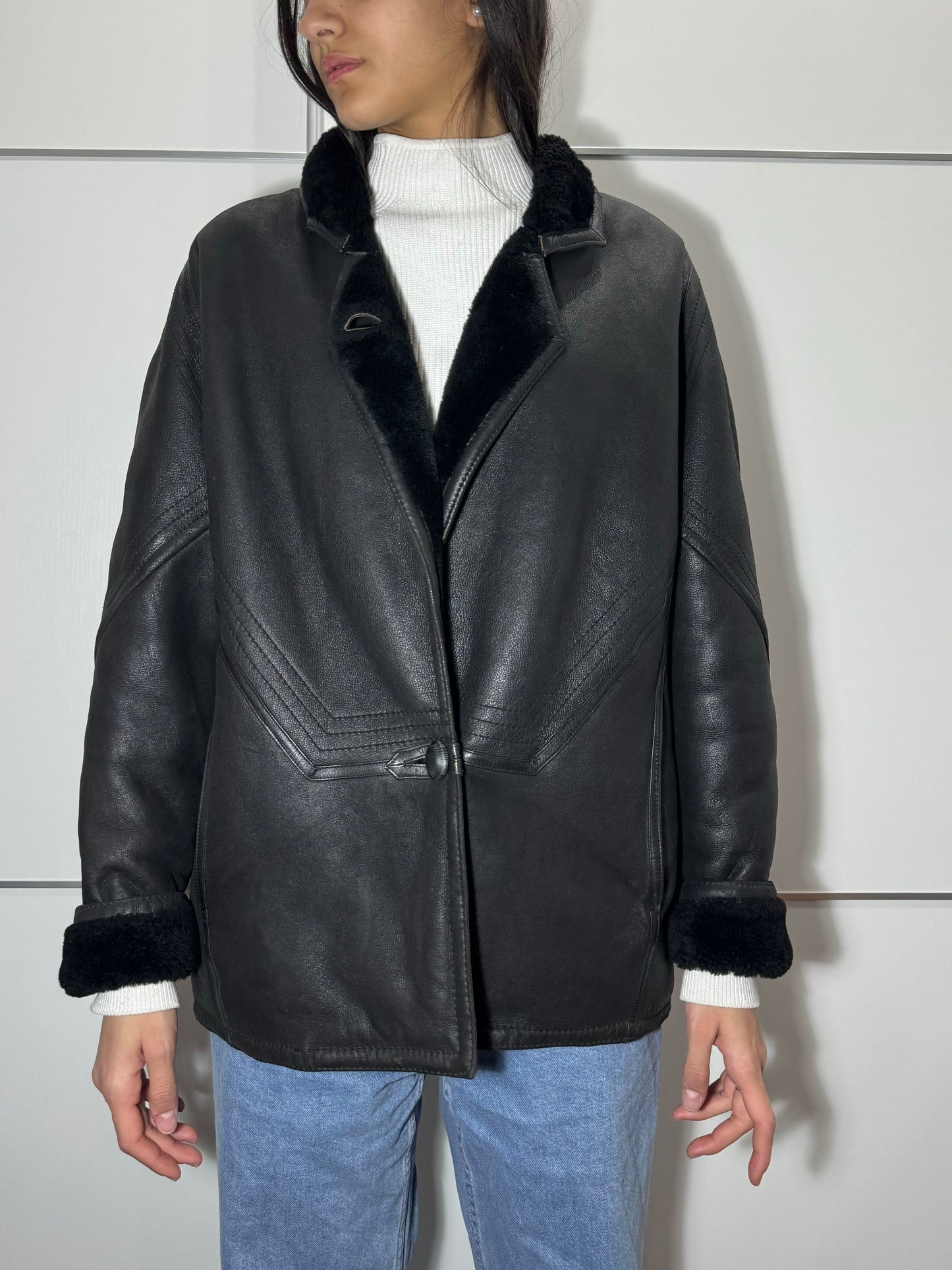 Montone originale Shearling in pelle nero, rara taglia piccola da donna