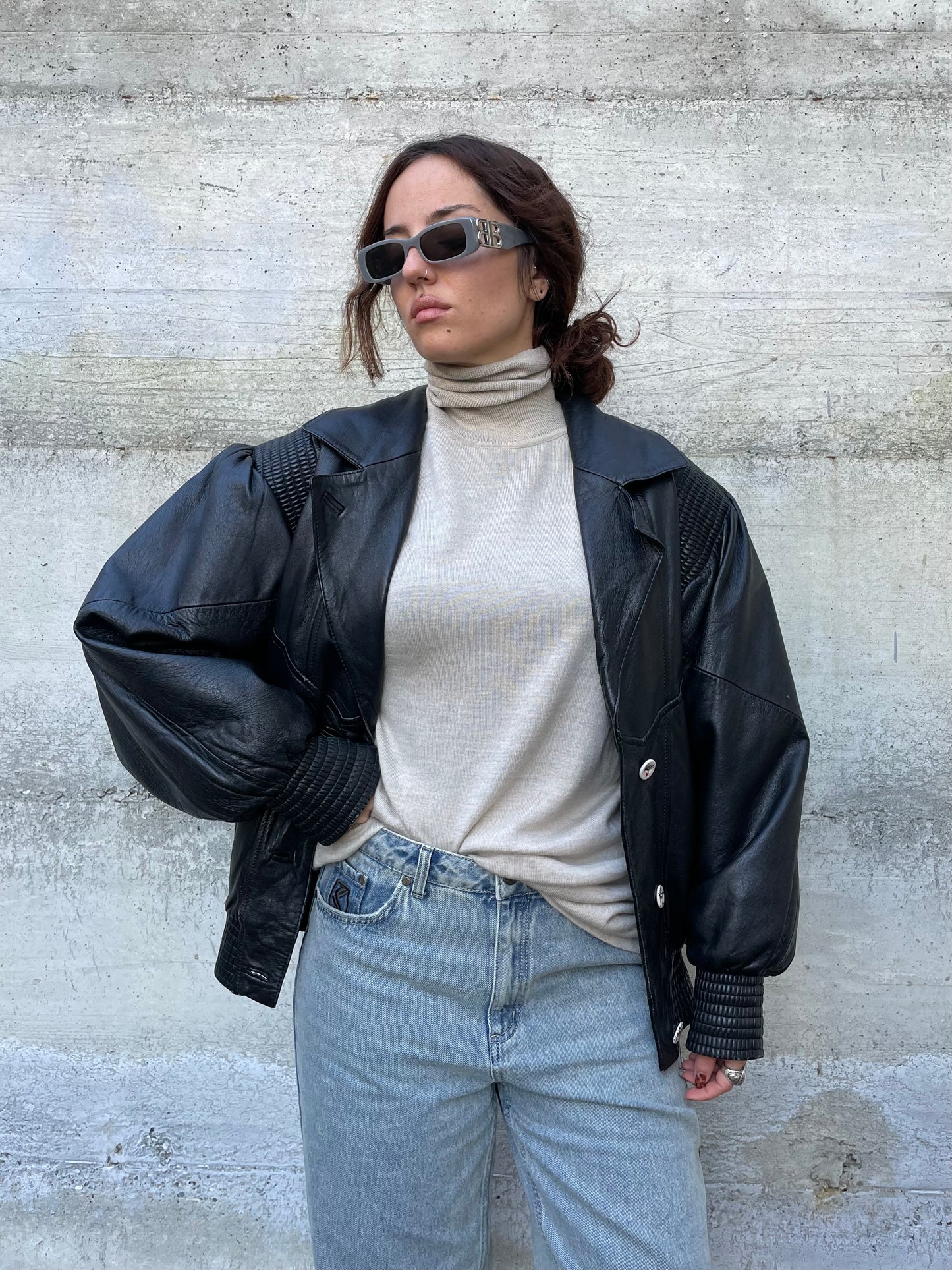 Bomber 80s lavorato in vera pelle nero