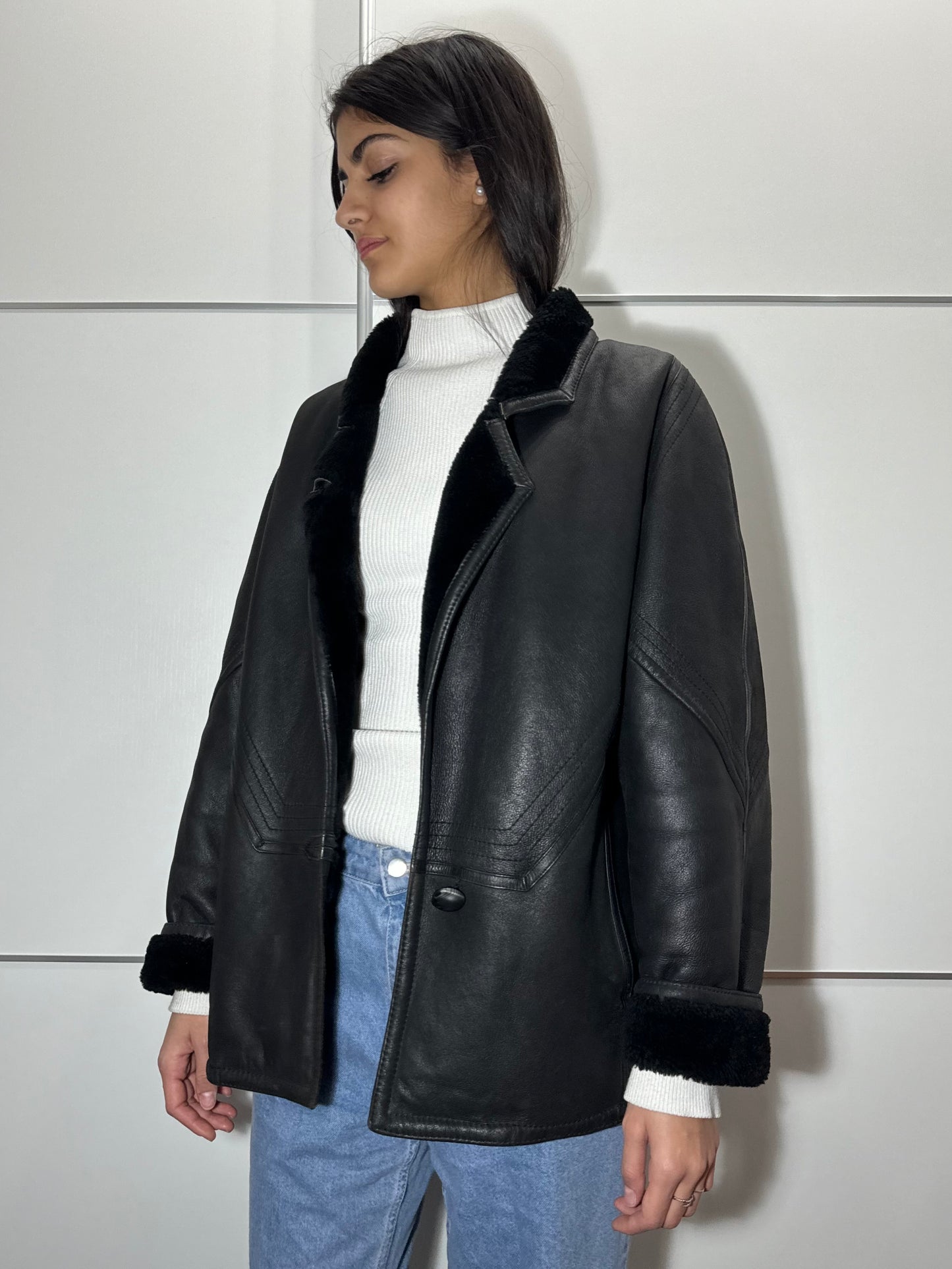 Montone originale Shearling in pelle nero, rara taglia piccola da donna