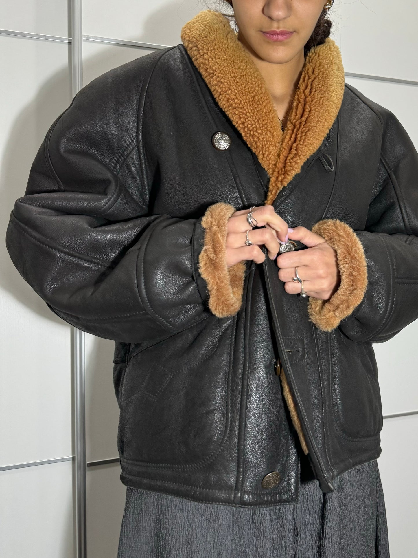 Bomber in montone Shearling testa di moro, taglia 48it uomo