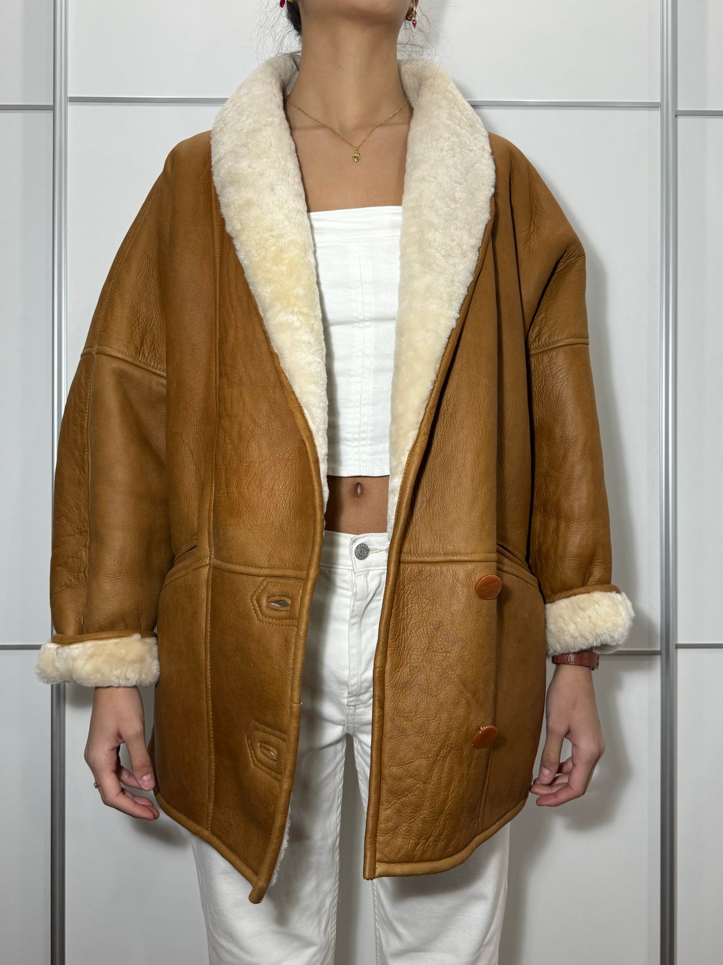 Montone originale Shearling in pelle caramello - taglia 46it donna