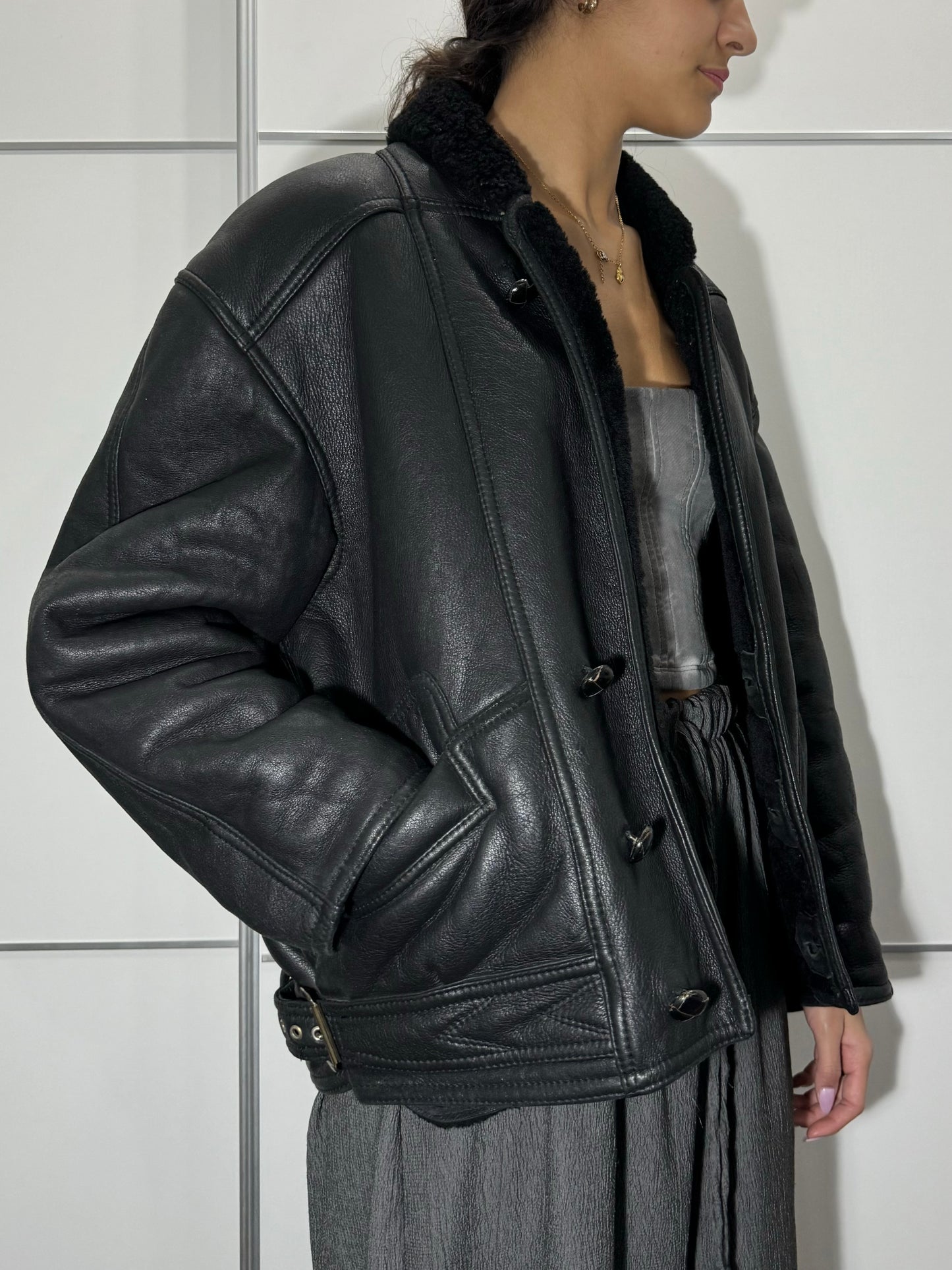 Bomber in montone Shearling nero, taglia 48it uomo