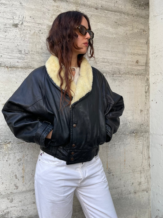Bomber imbottito in vera pelle nero con collo Shearling burro, rara taglia S uomo