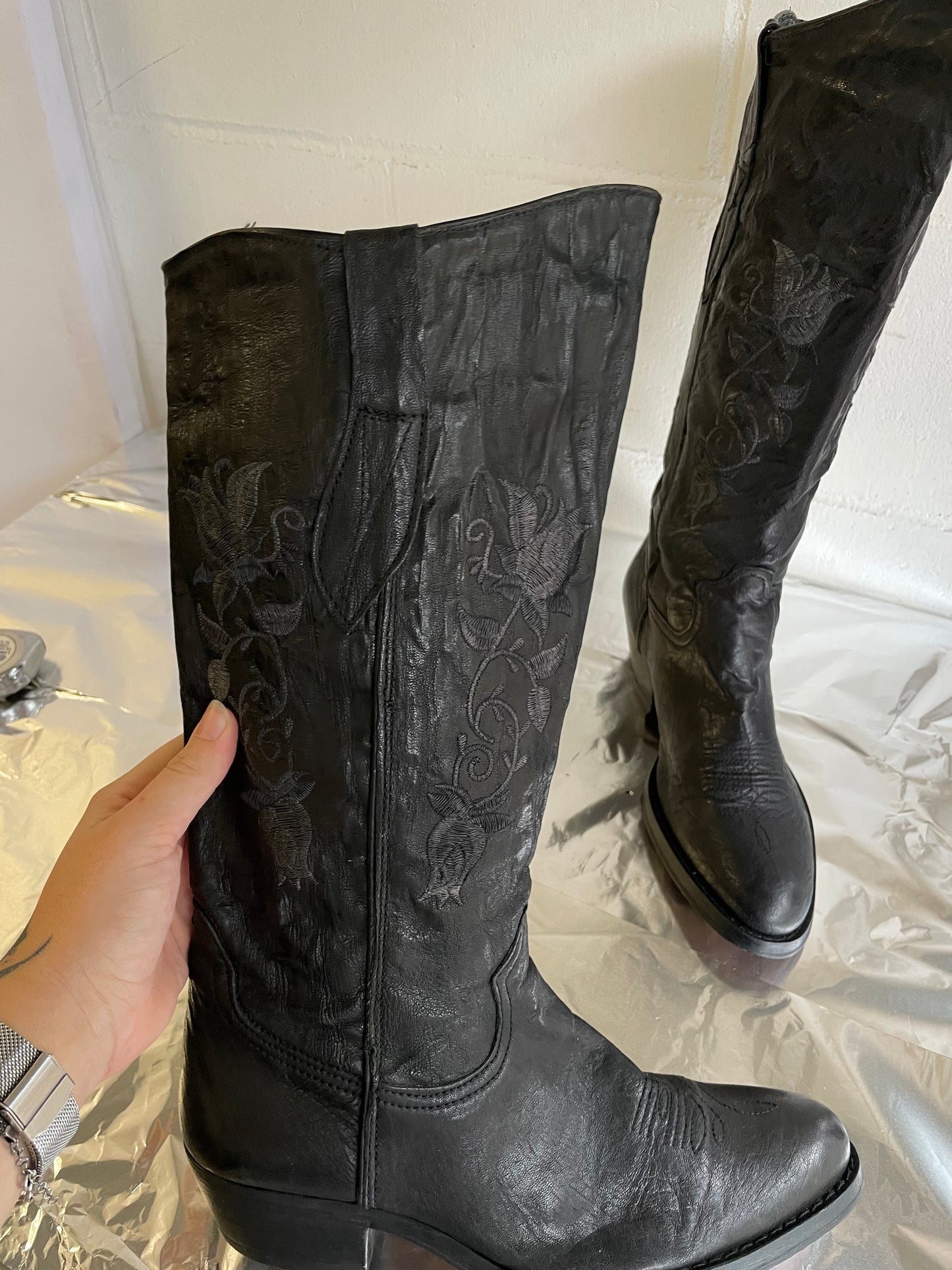 EU 41 - Texano vintage alto, vera pelle, punta arrotondata, tacco basso