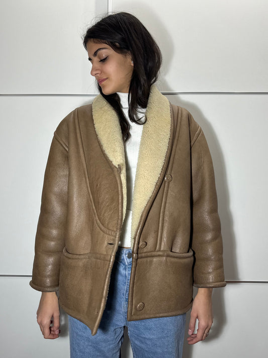 Montone originale Shearling in pelle nocciola, rara taglia piccola da donna