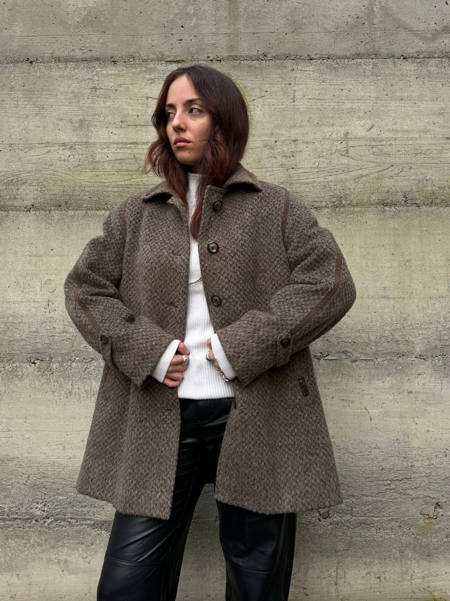 Cappottino Loden spigato color fango, misto lana e alpaca