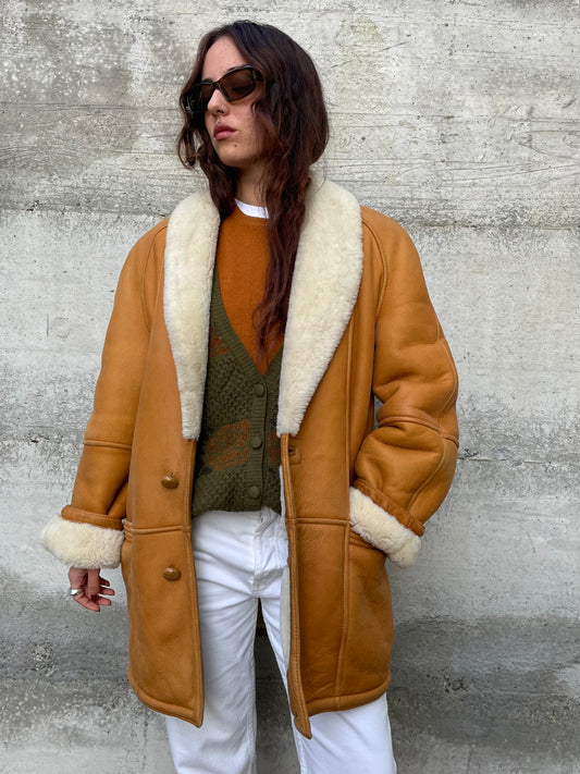 Montone Shearling originale a pelo bianco con esterno in pelle ruggine