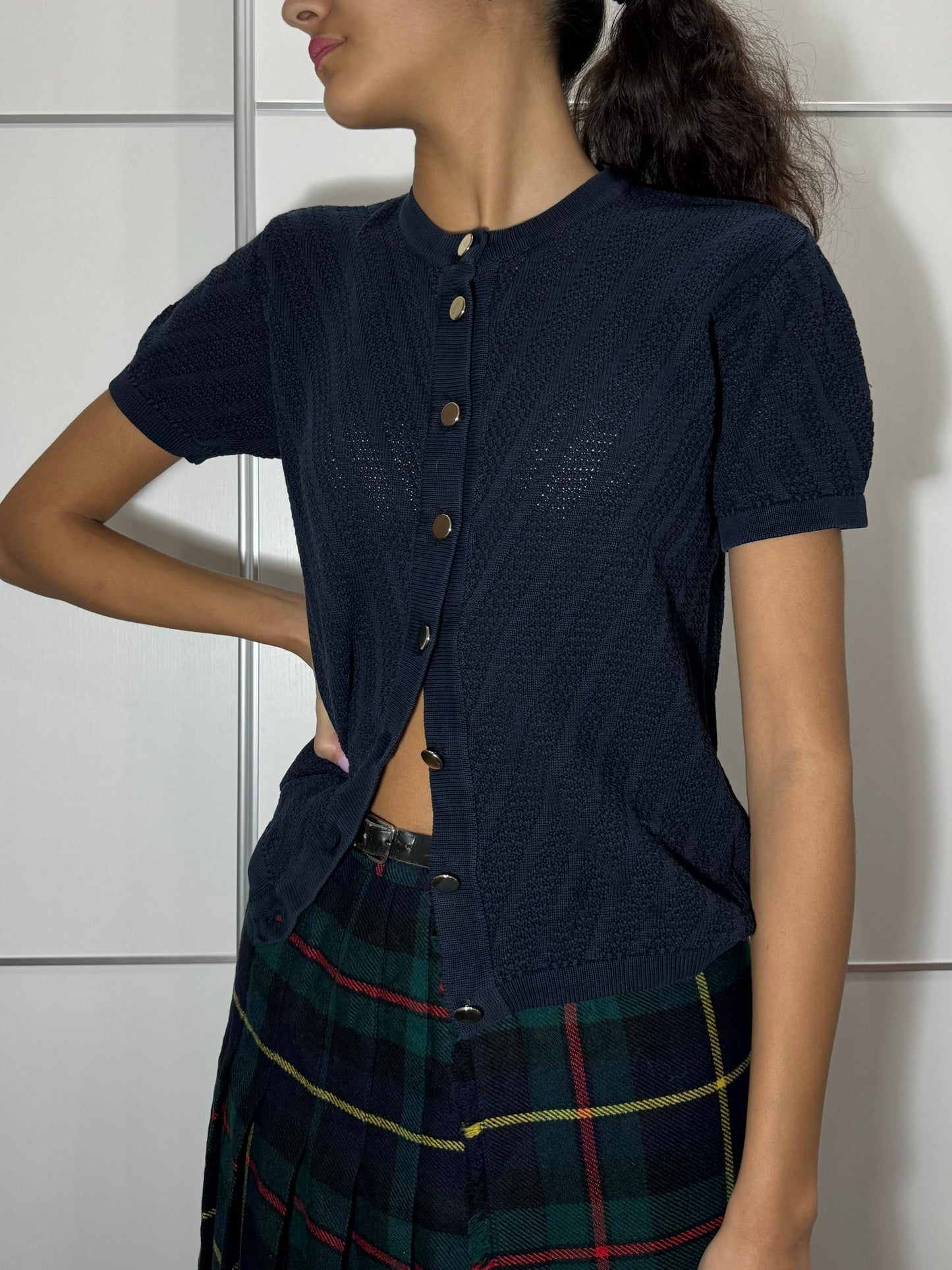 Maglioncino a manica corta girocollo Burghi blu notte, 100% cotone