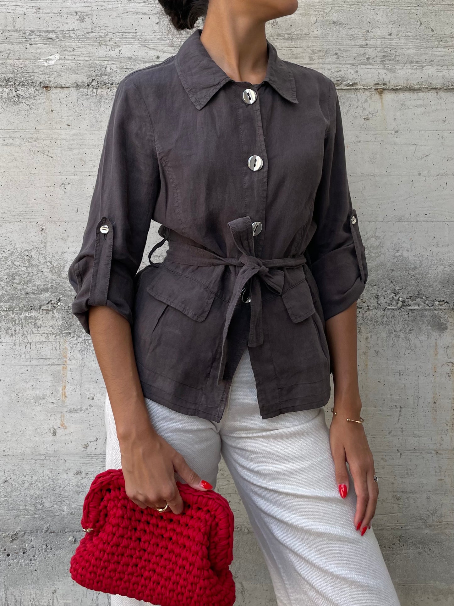 Camicia Marella cargo marrone 100% lino - taglia S/M