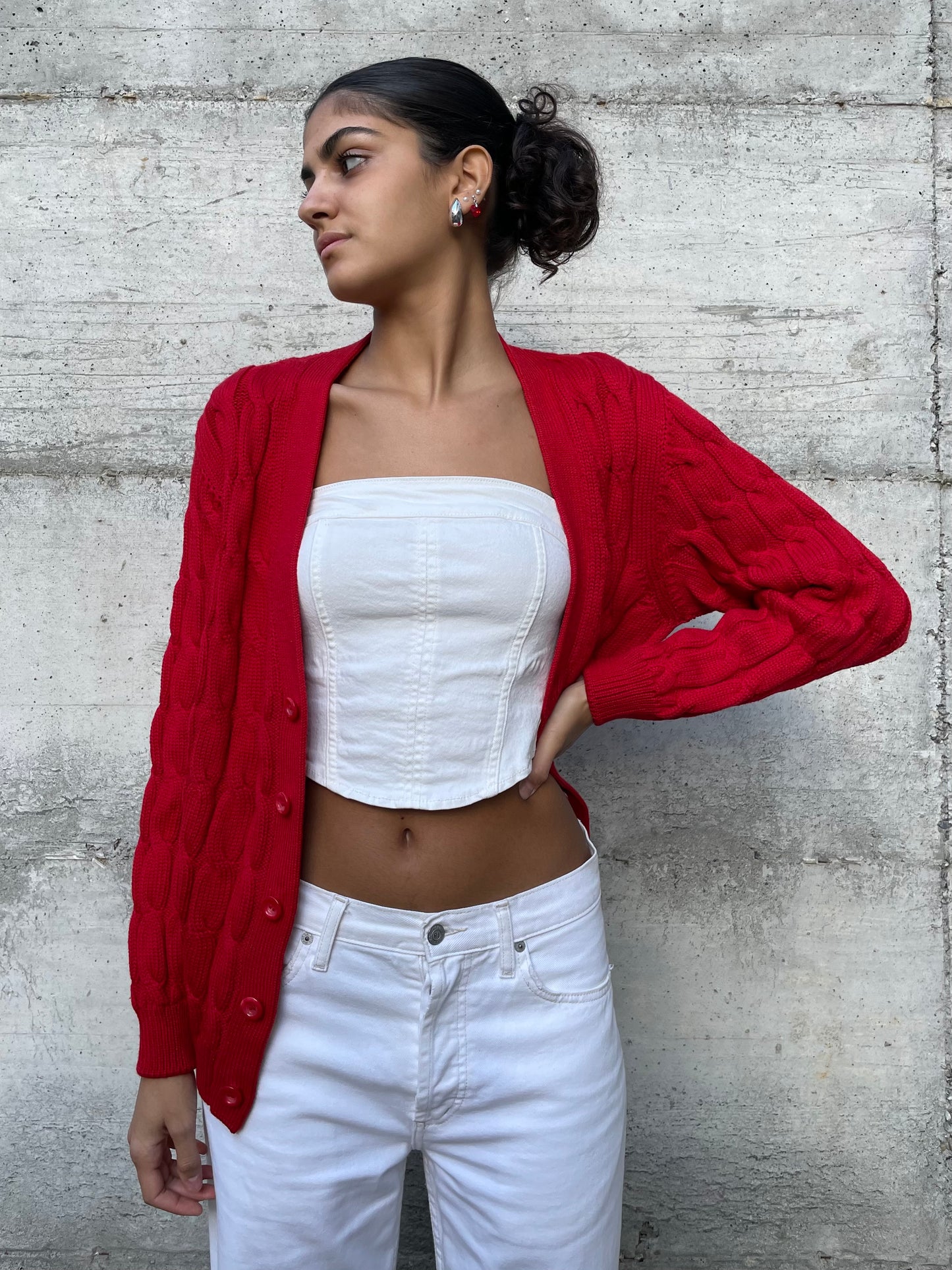 Cardigan sartoriale misto lana e cotone, rosso acceso - taglia M