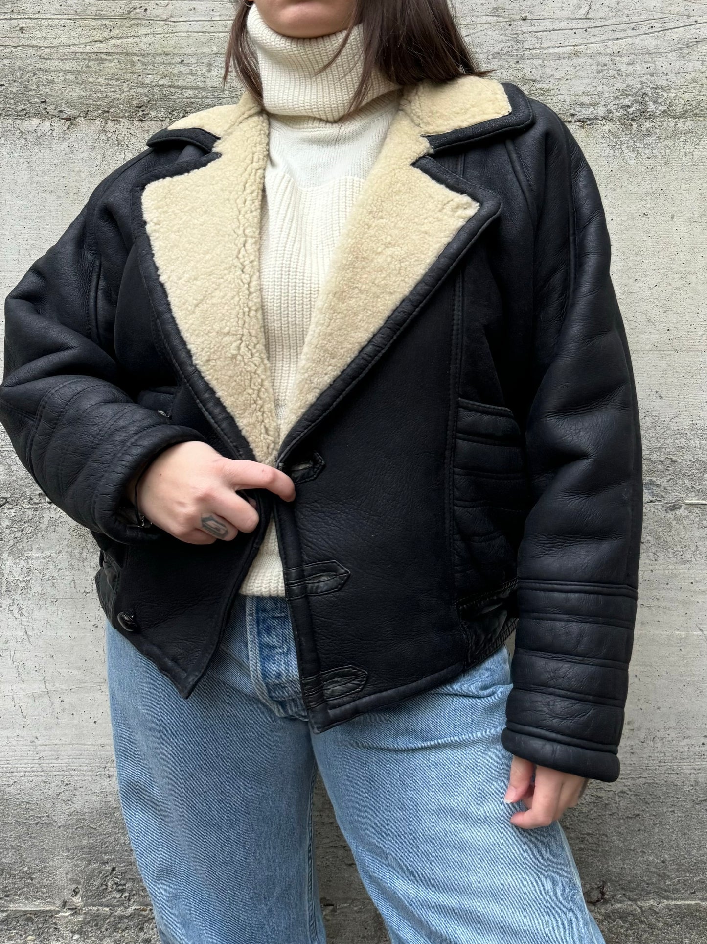 Bomber aviator Shearling nero, in rara taglia 46it uomo (XS)