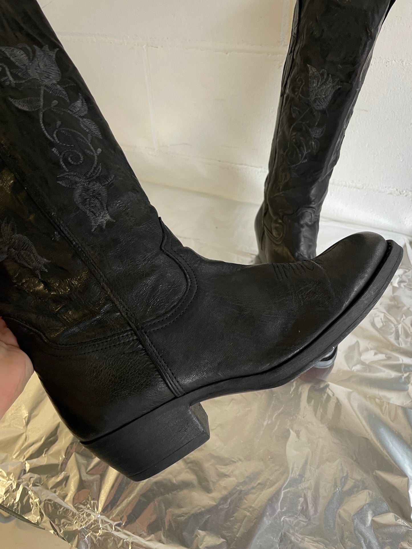 EU 41 - Texano vintage alto, vera pelle, punta arrotondata, tacco basso