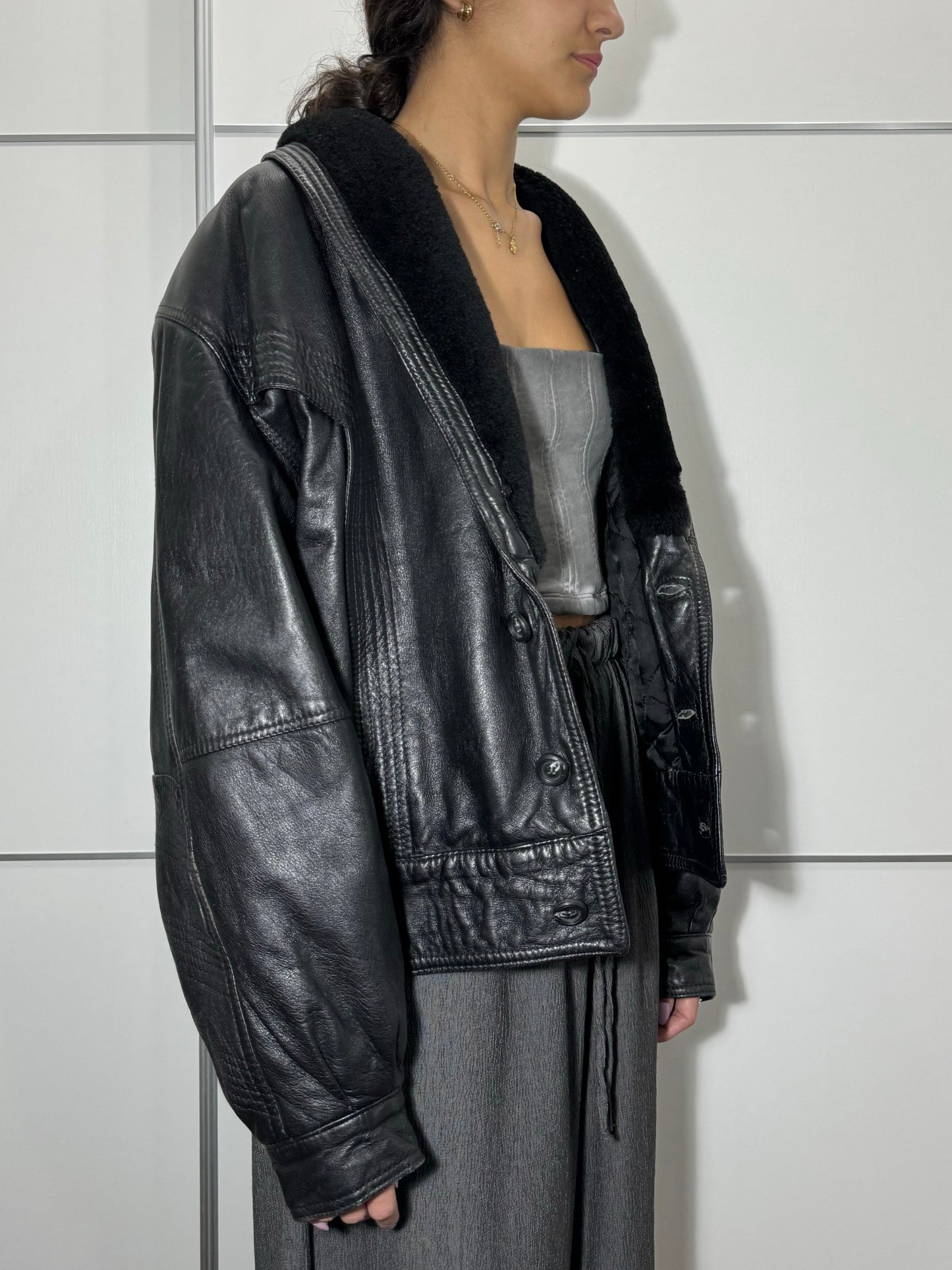 Bomber in vera pelle trapuntato con rever in montone, taglia 48it uomo