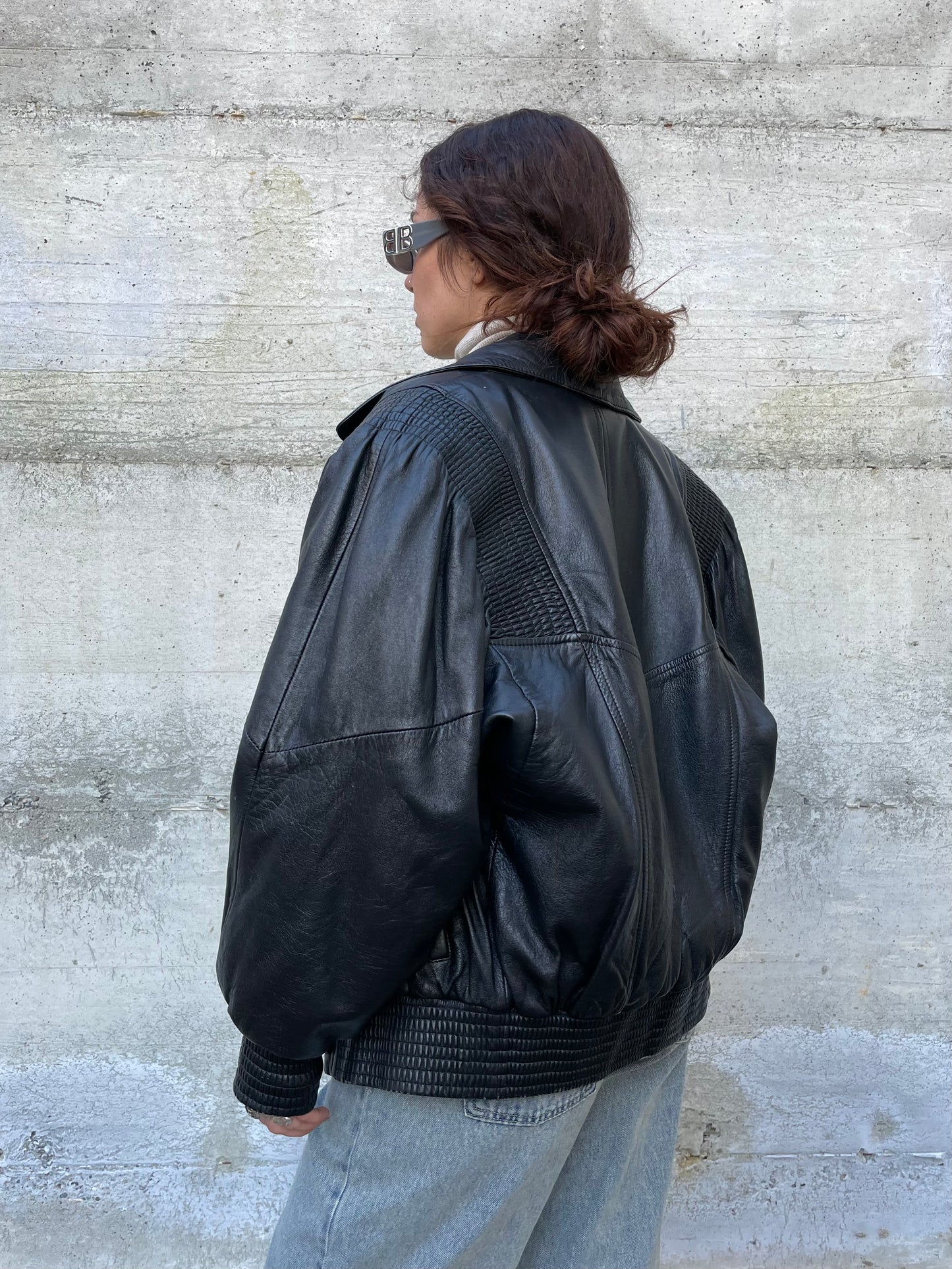 Bomber 80s lavorato in vera pelle nero