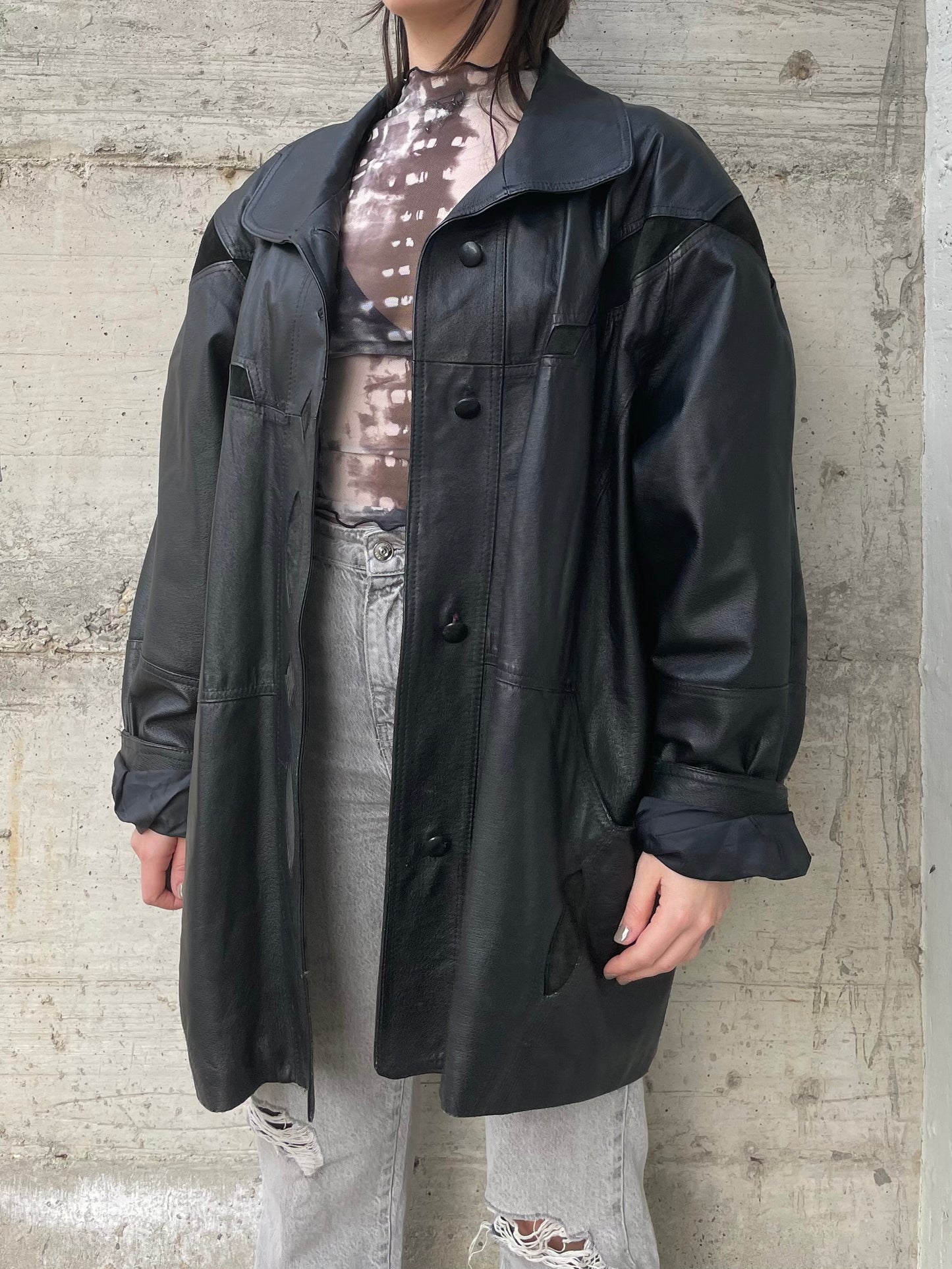 Giacca 80s vera pelle nera - inserti camoscio