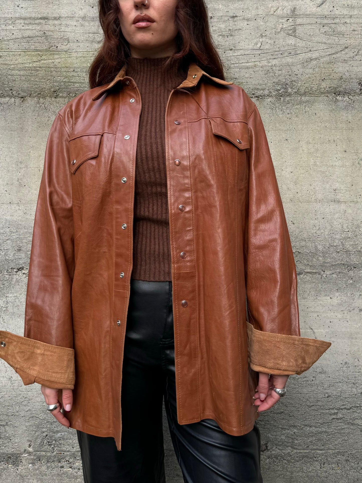 Overshirt double face in cuoio e renna color cognac