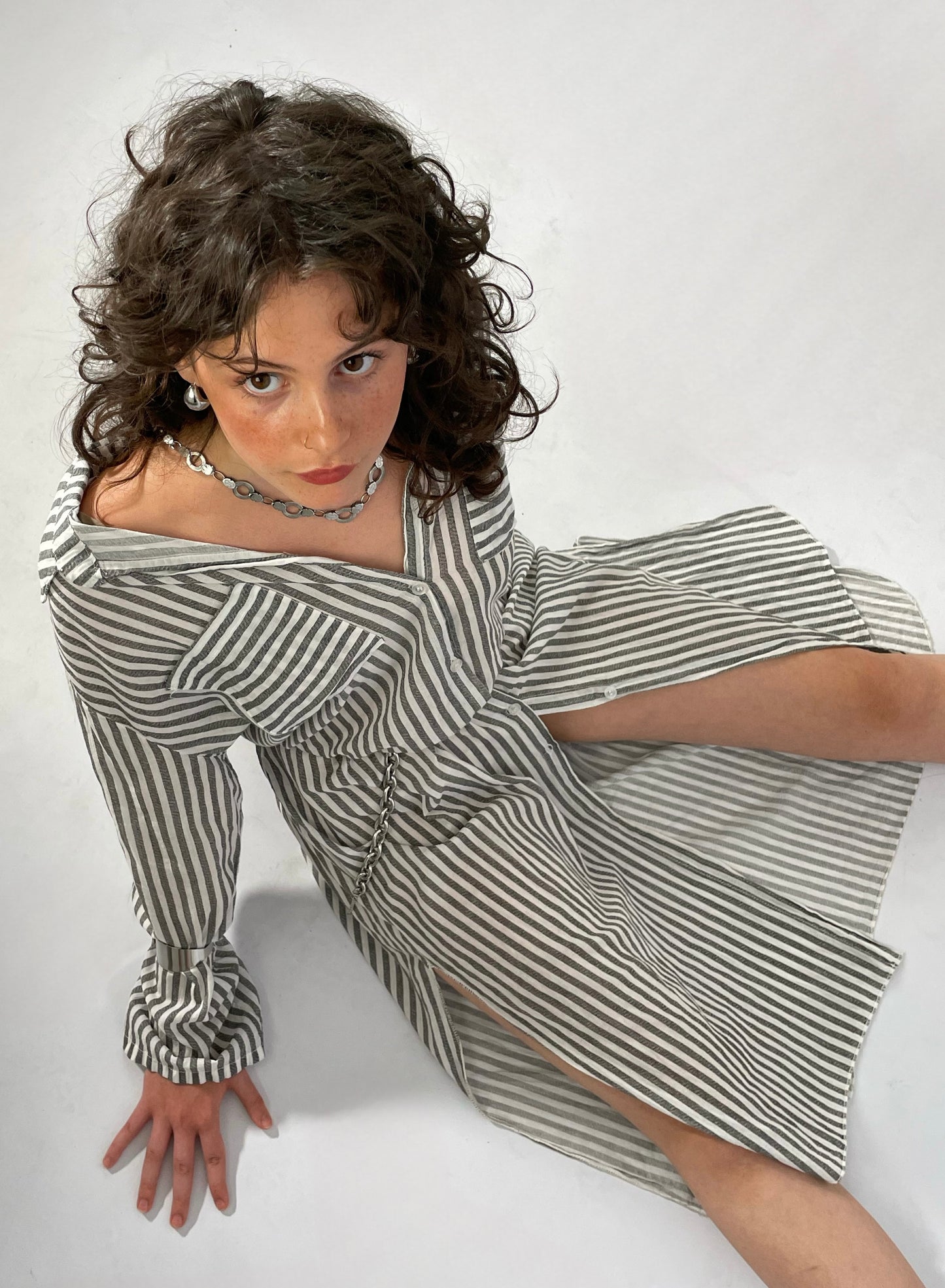 Maxi camicia lunghezza midi 100% cotone - righe bianco e grigio - taglia unica