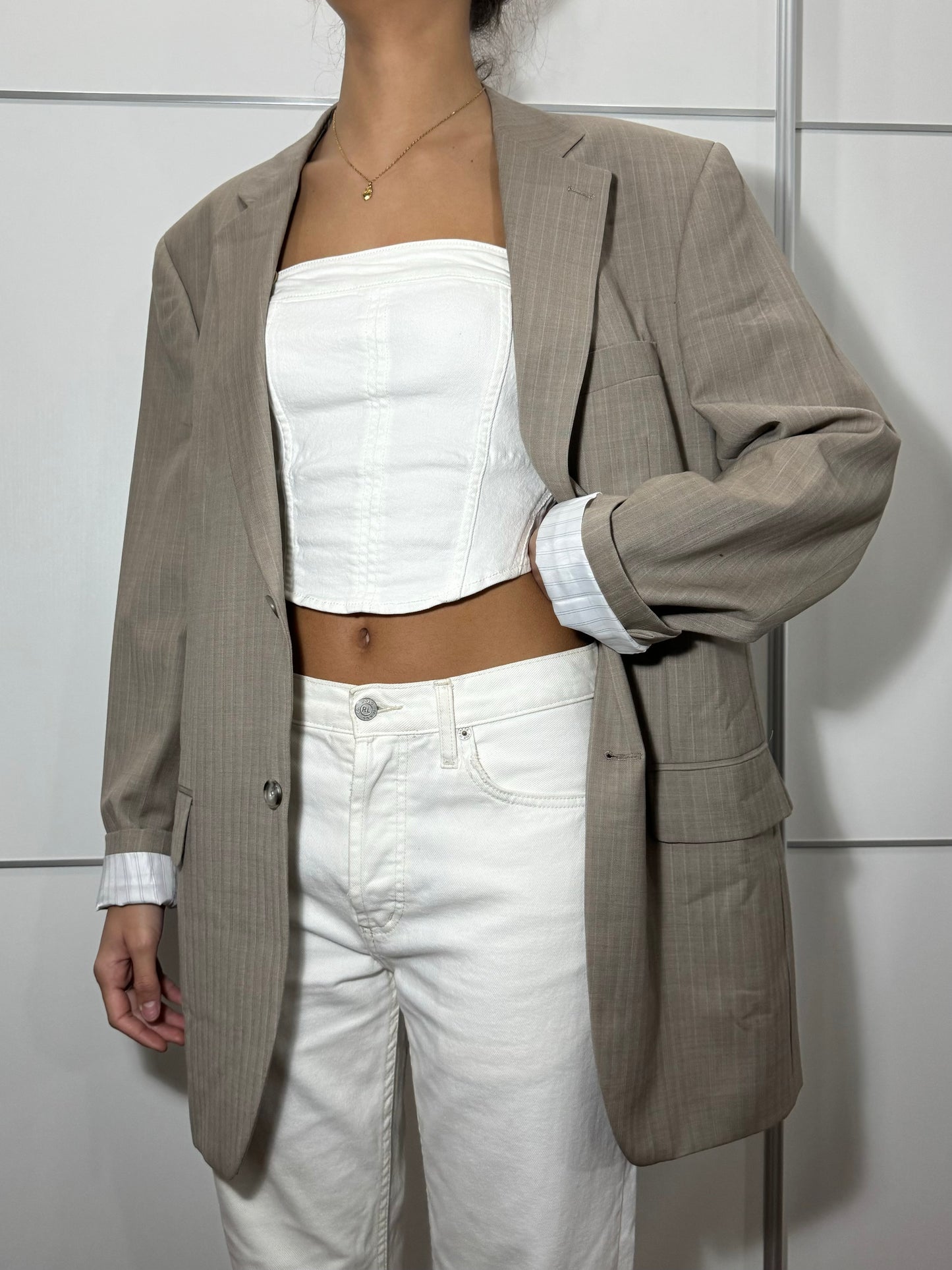 Blazer in fresco lana vergine superfine beige gessato