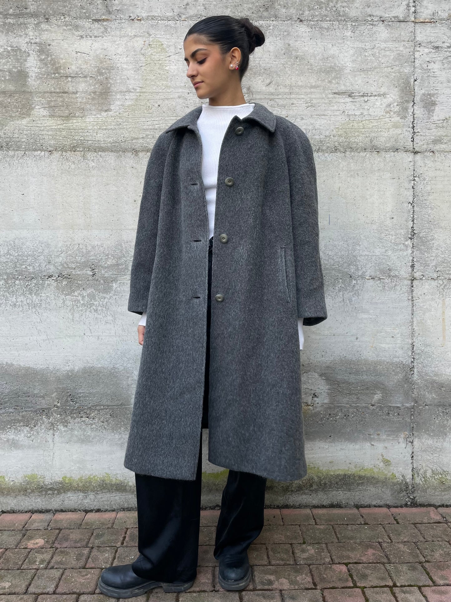 Cappotto sartoriale lungo monopetto, in misto lana e alpaca