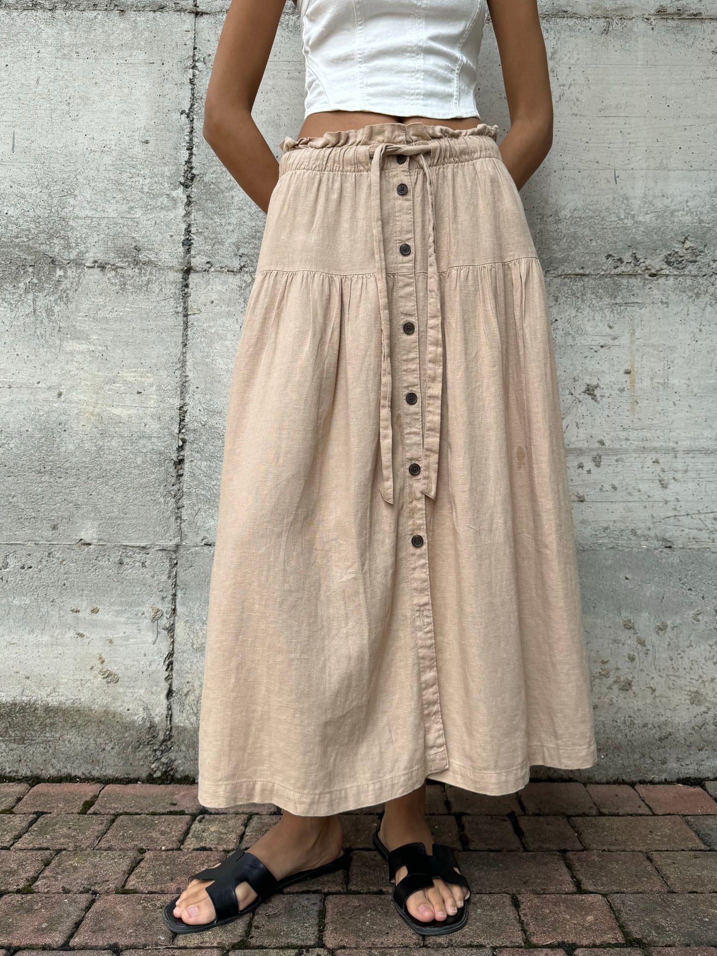 Gonna midi beige in misto lino e cotone, taglia M