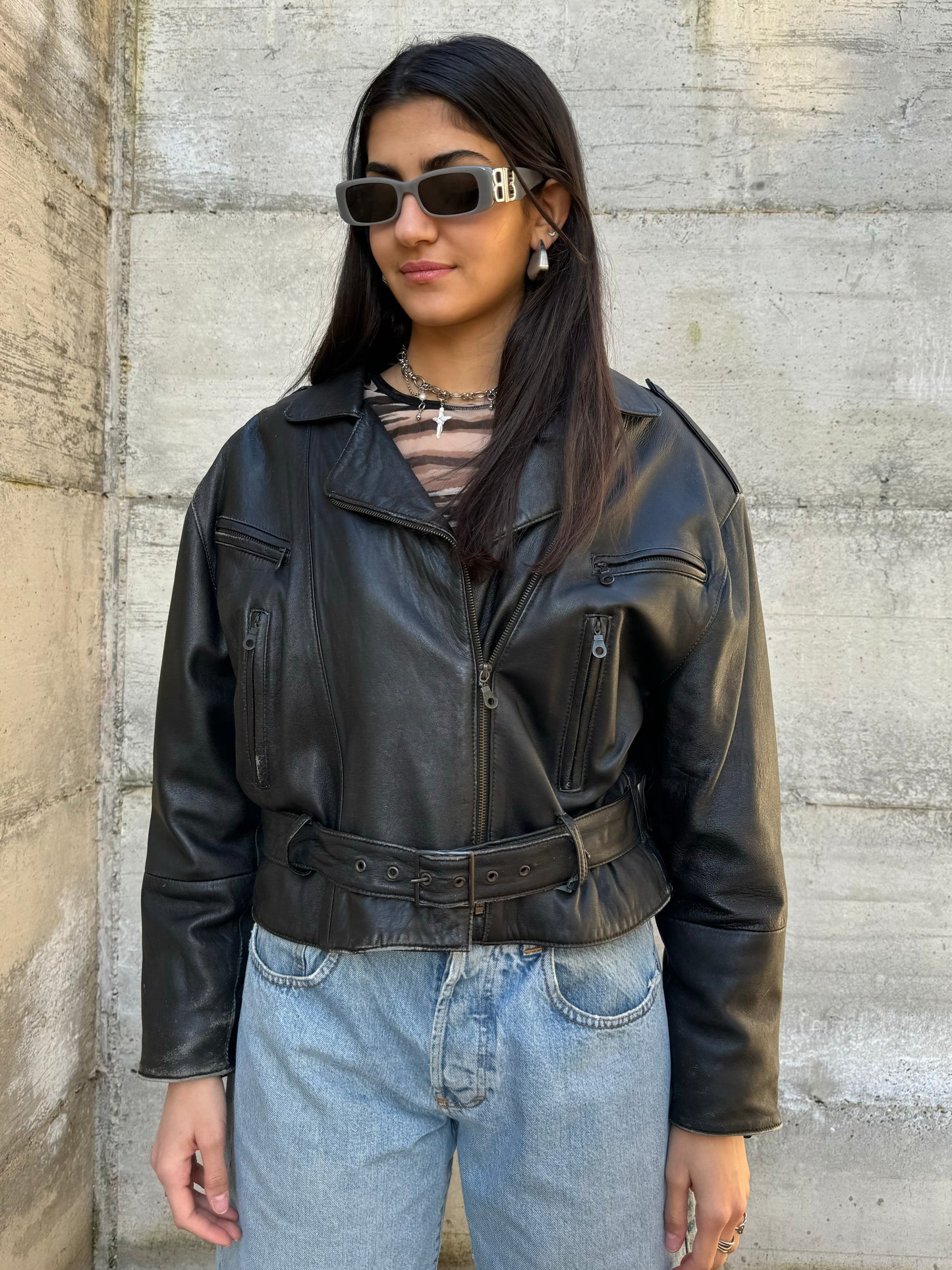 Bomber crop 80s in vera pelle nappata effetto used