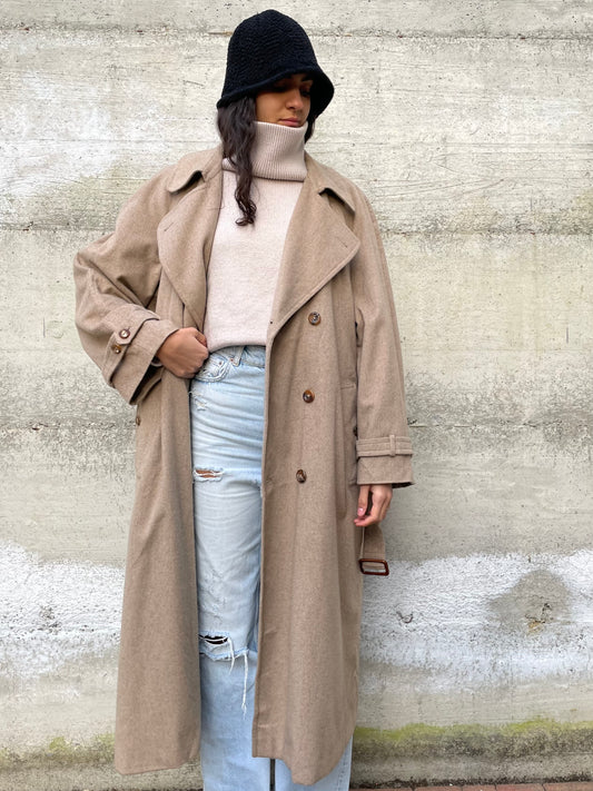 Cappotto sabbia AGNONA 100% cashmere, mezza fodera, con cintura. Taglia 48it uomo