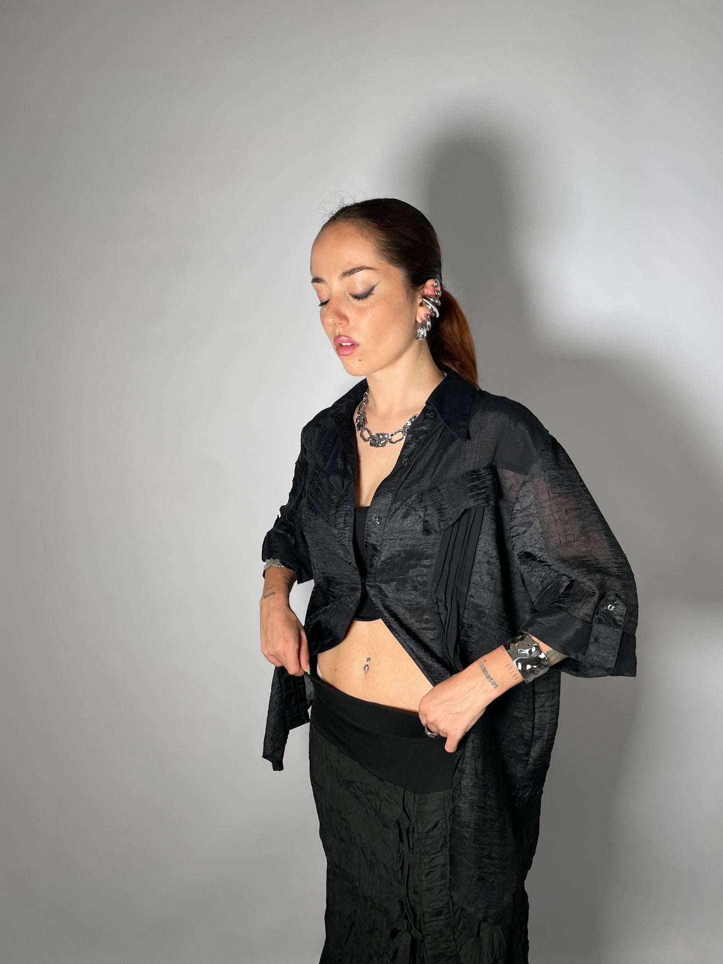 Maxi camicia sheer nera 100% viscosa - taglia unica