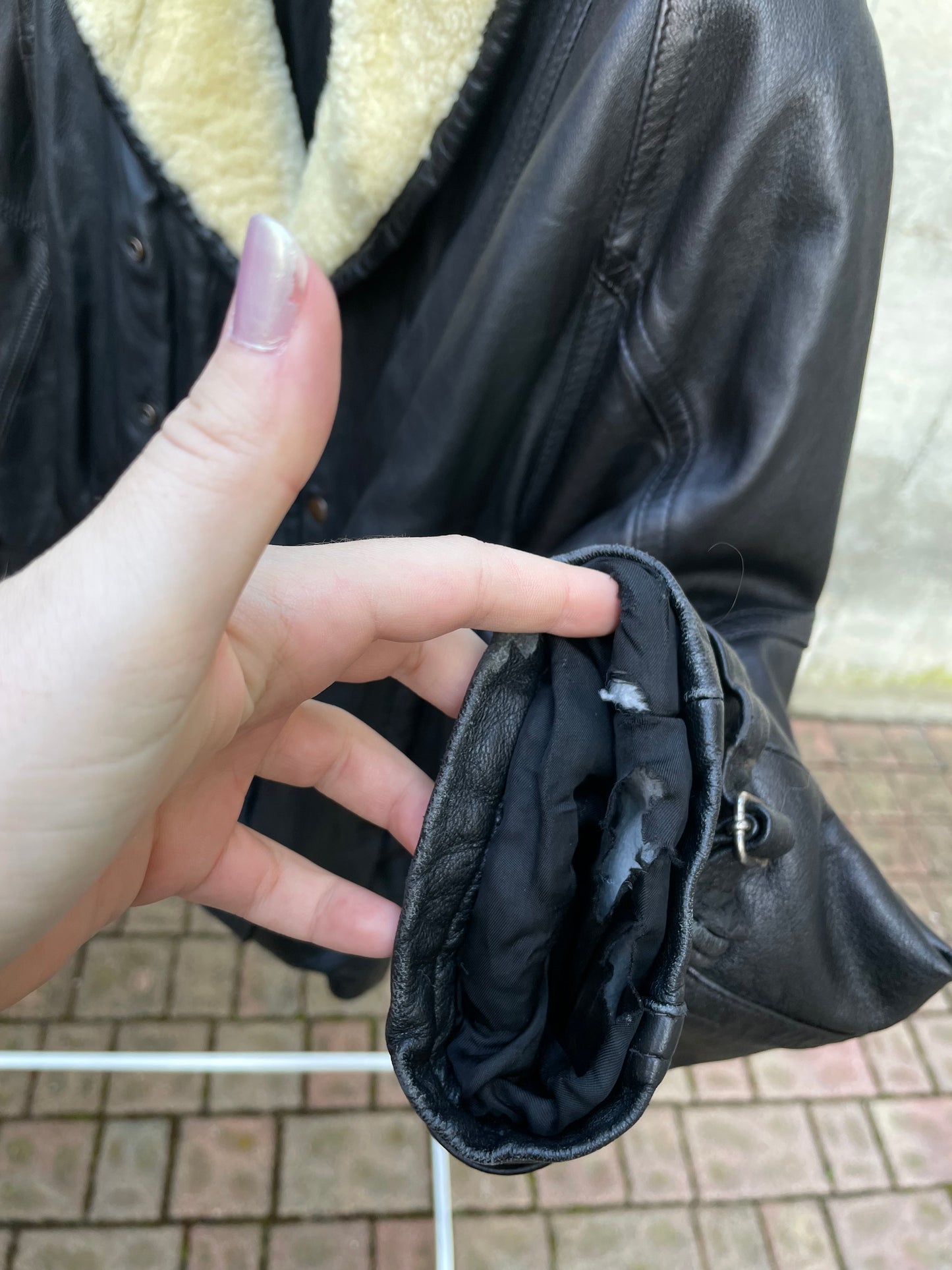 Bomber imbottito in vera pelle nero con collo Shearling burro, rara taglia S uomo