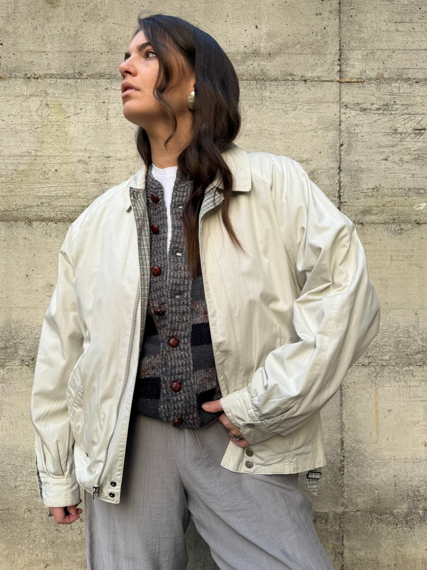 Bomber reversibile ghiaccio in 100% cotone, lato interno tartan sui toni del turchese