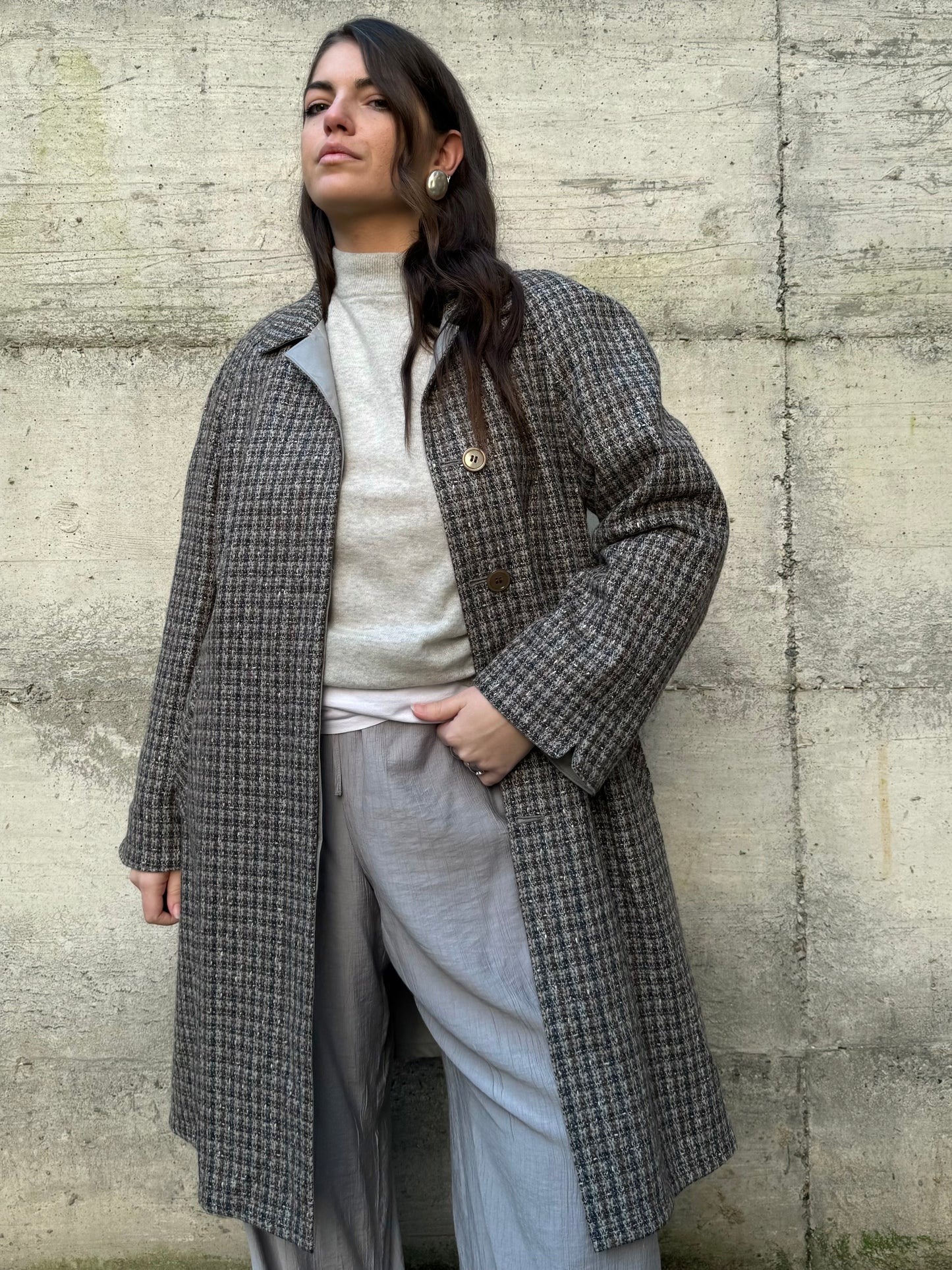 Trenchcoat reversibile monopetto con cintura, lato esterno in lana, lato interno misto cotone