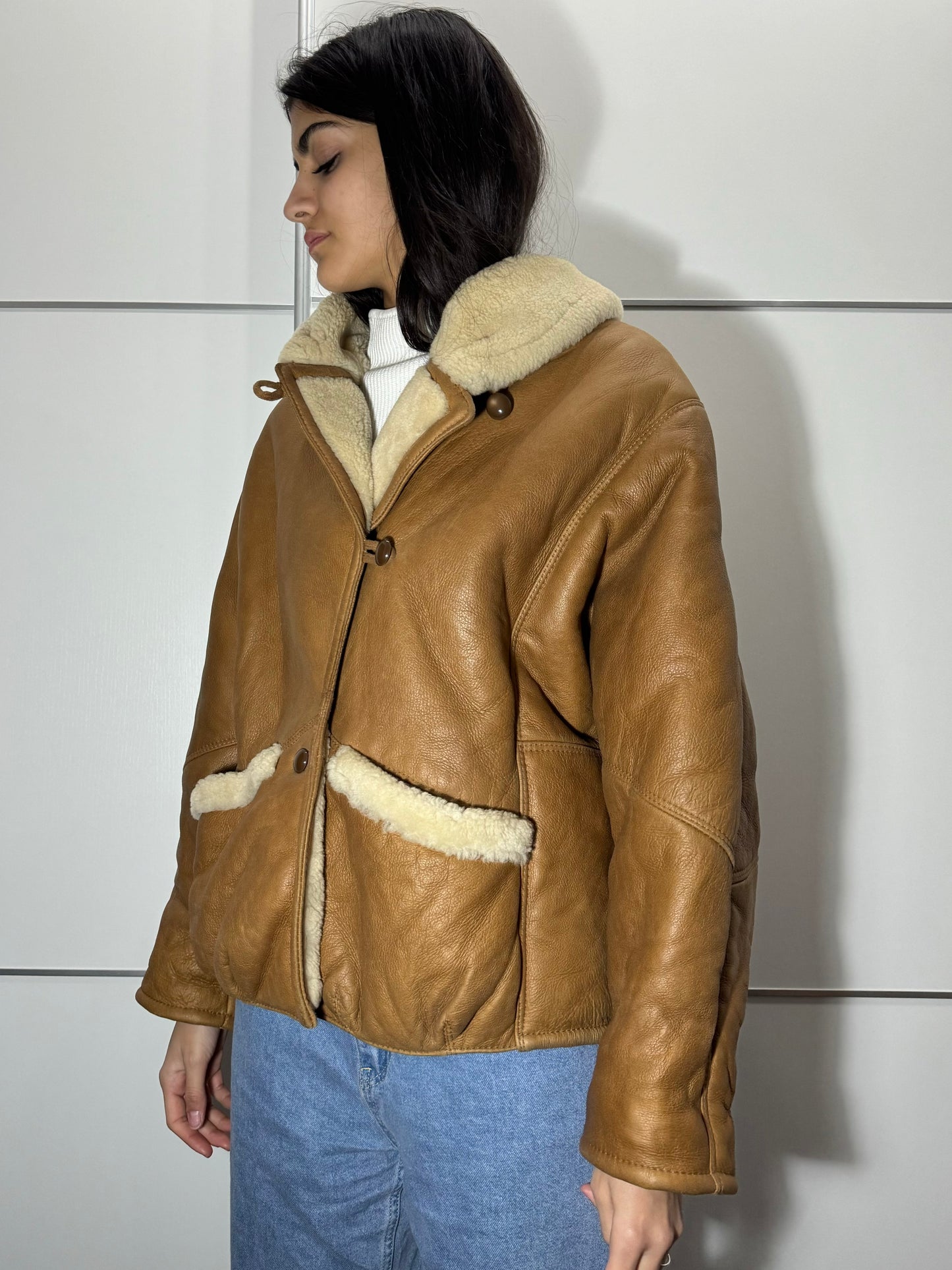 Montone aviator originale Shearling in pelle caramello, rara taglia piccola da donna