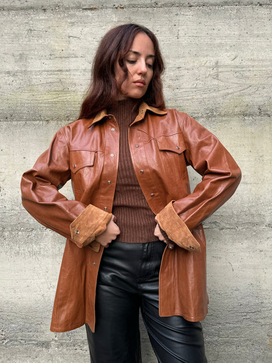 Overshirt double face in cuoio e renna color cognac