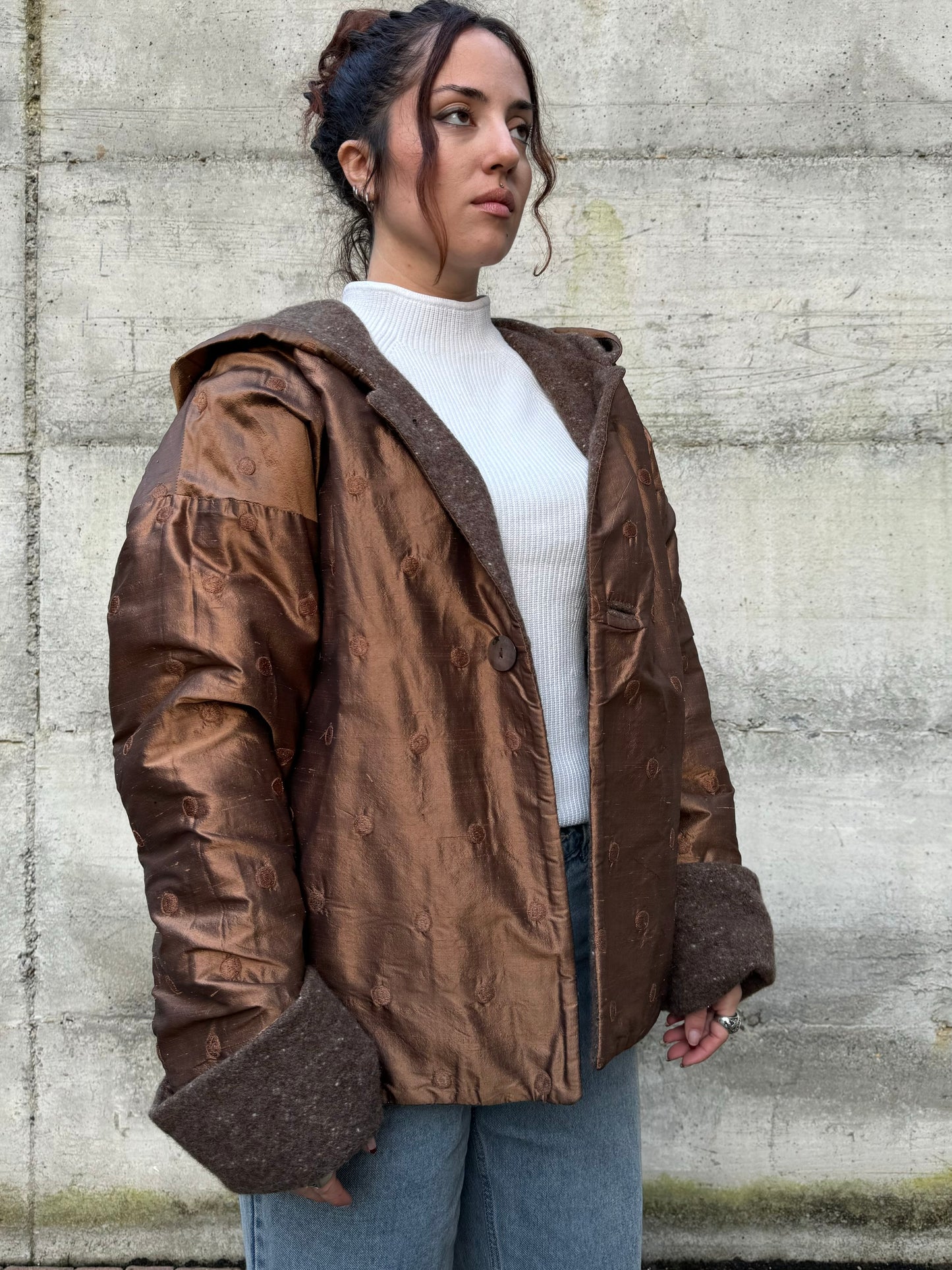 Piumino doubleface con cappuccio, shantung di seta e misto lana/mohair