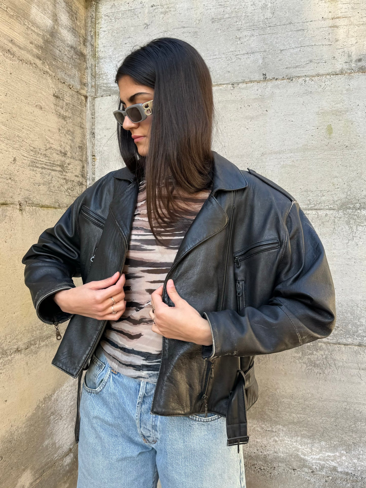 Bomber crop 80s in vera pelle nappata effetto used
