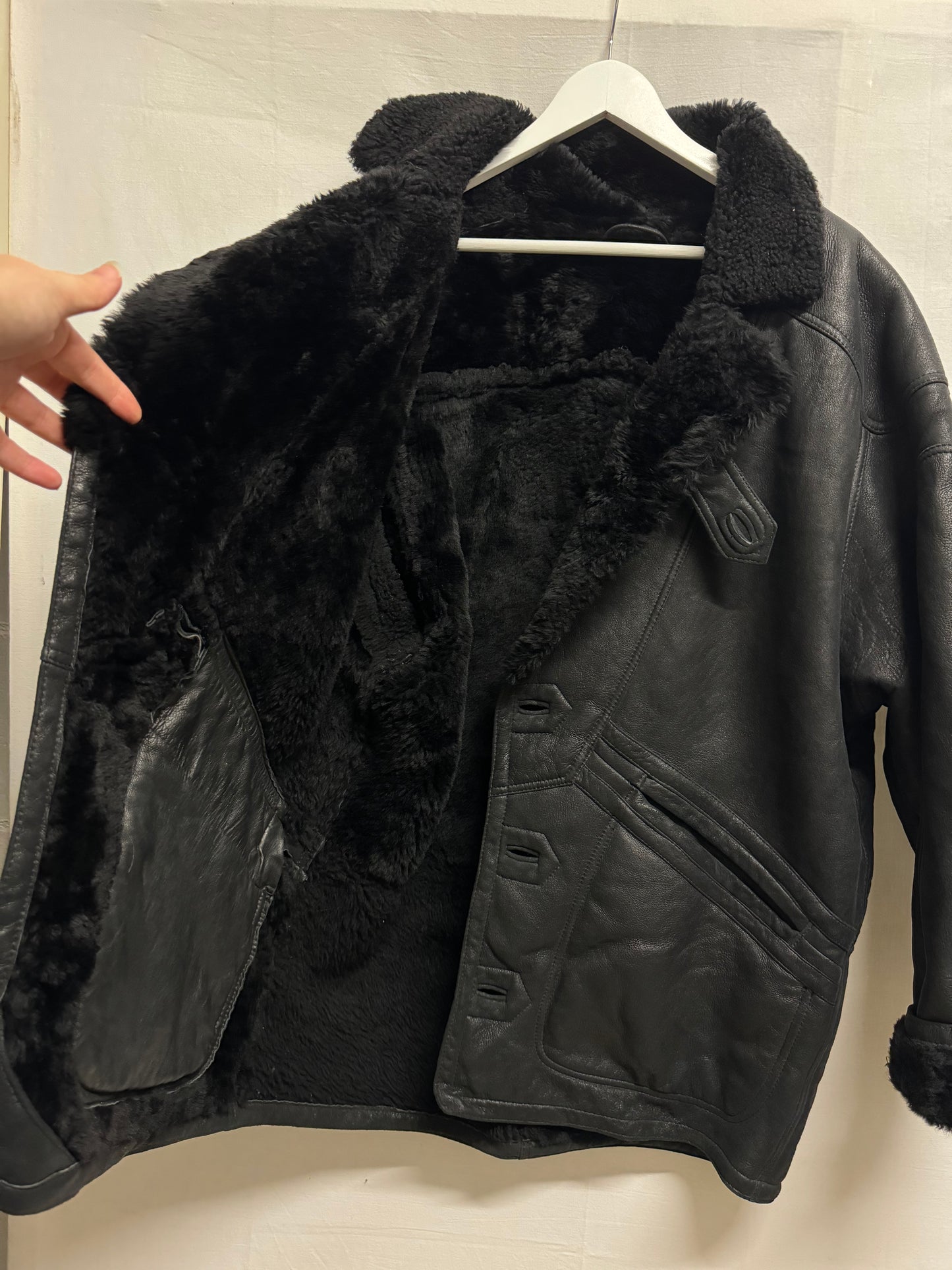 Montone Shearling in pelle nero, taglia 48it uomo