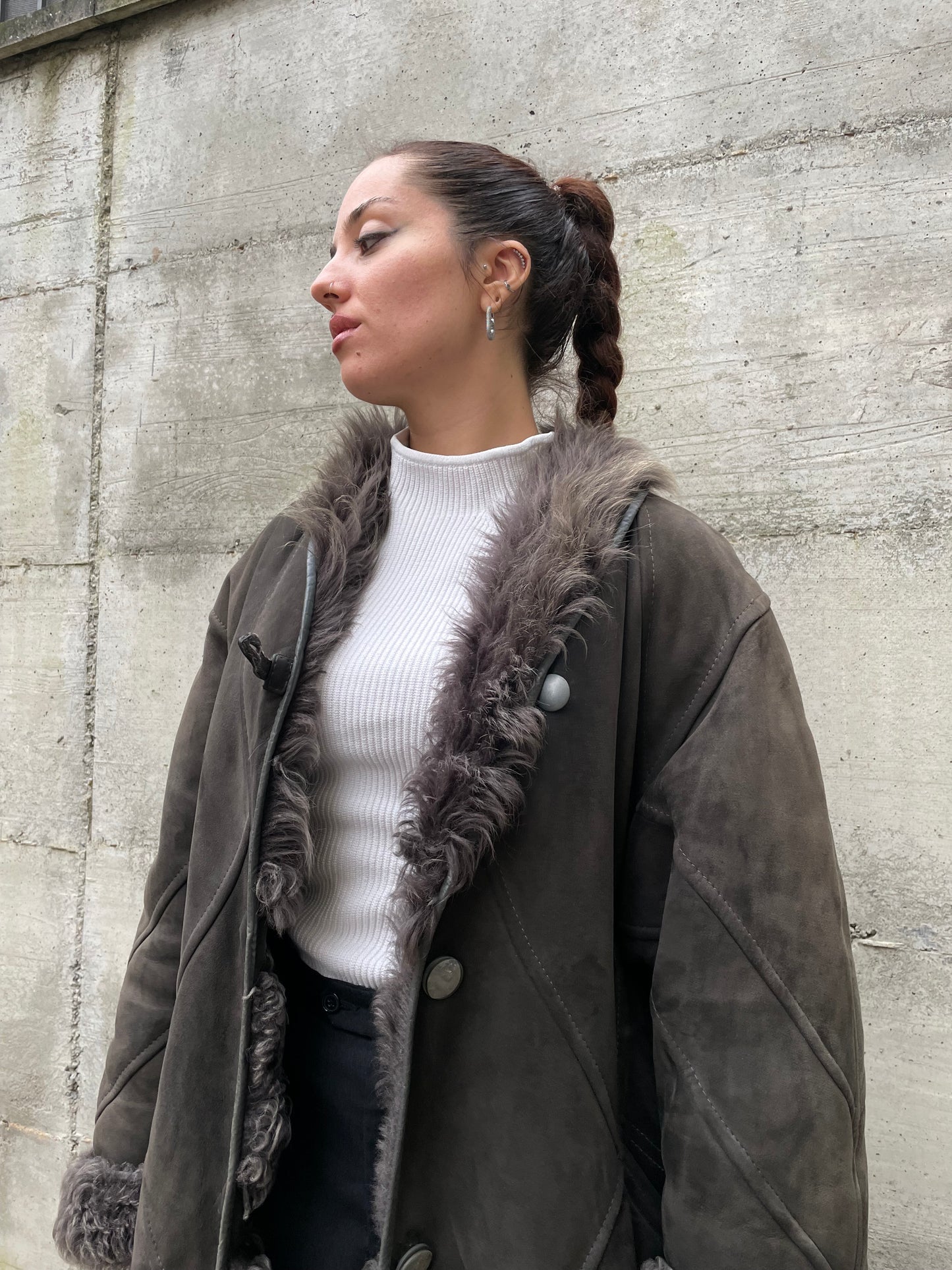 Montone originale Shearling a pelo lungo grigio topo