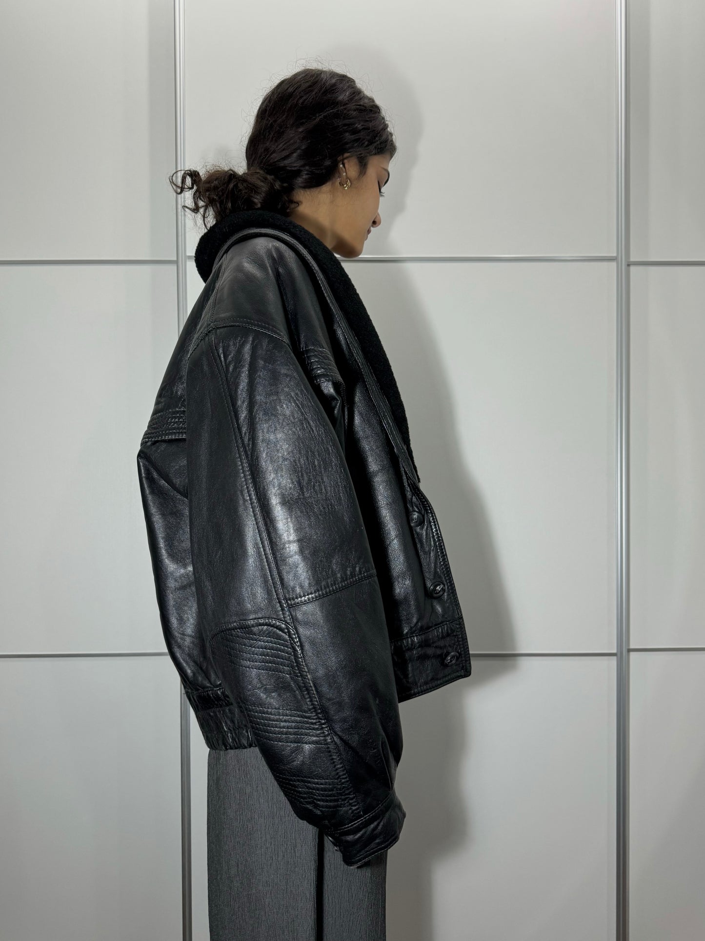 Bomber in vera pelle trapuntato con rever in montone, taglia 48it uomo